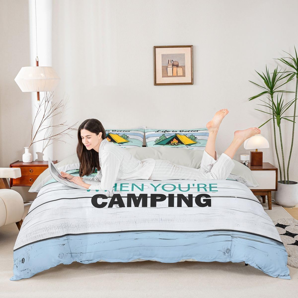 Feelyou Camper Duvet Cover King Size Happy Camping Bedding Set for Boys Girls Cartoon Camping Comforter Cover RV Camping Bedroom Decor 3Pcs Camper Accessories for Travel Trailers image 3