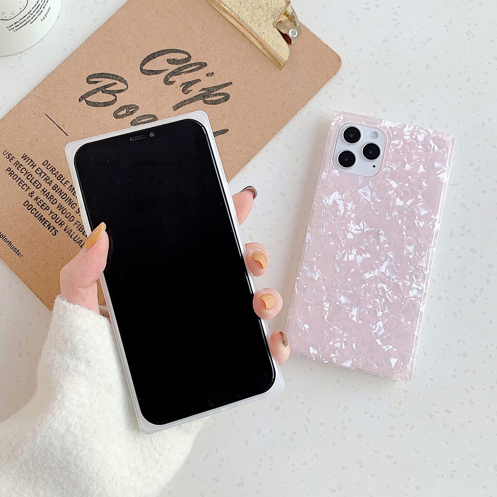 FOURTOC Cover Quadrata per iPhone 13/13 Pro/13 PRO Max Custodia con Motivo A Conchiglia Quadrata Antiurto Protettiva Ultra Sottile IMD Morbida Marmo Silicone Case,Colourful,11