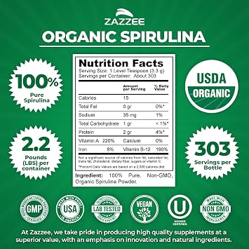 Zazzee USDA Organic Spirulina Powder, 2.2 Pounds (1 KG), 303 Servings