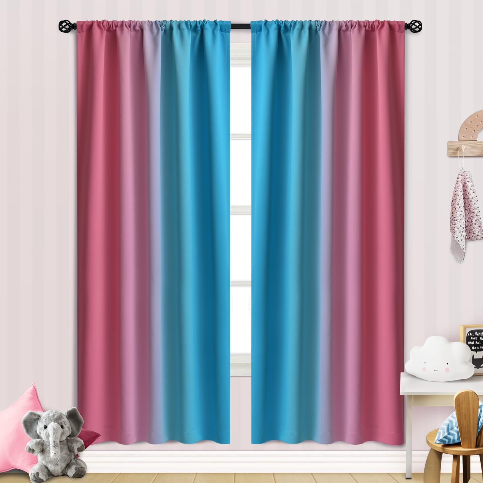 COSVIYA Ombre Room Darkening Curtains 72 inches Length for Girls Bedroom, Light Blocking Pink and Blue 2 Tone Reversible Rod Pocket Gradient Window