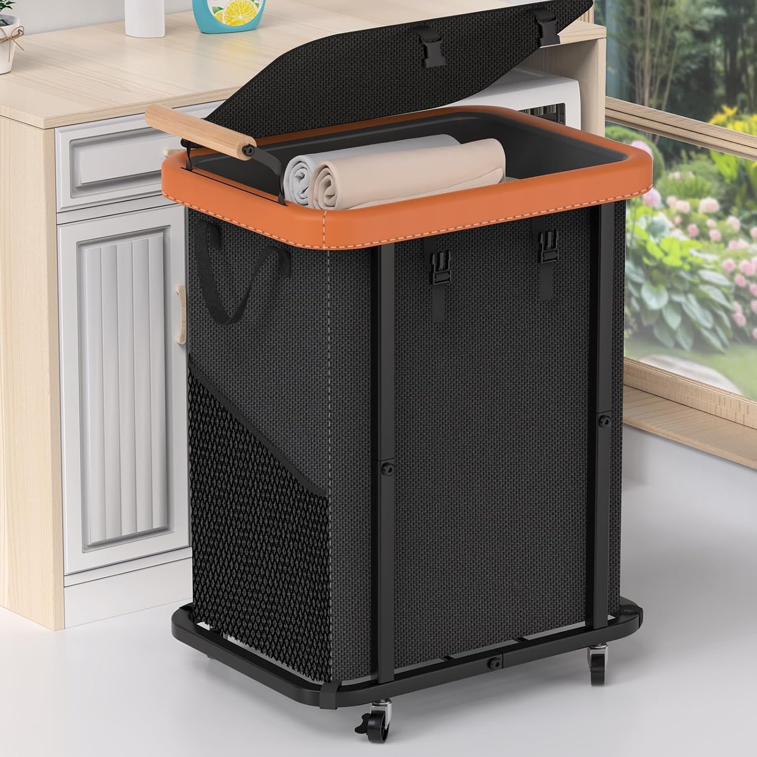 150L (40 Gal) High-Grade Fashion Laundry Basket with Wheels, Leather Patchwork Large Laundry Basket with Handles, 900D Oxford Fabric, Detachable Laundry Hamper for Bedroom, Bathroom, Laundry Room