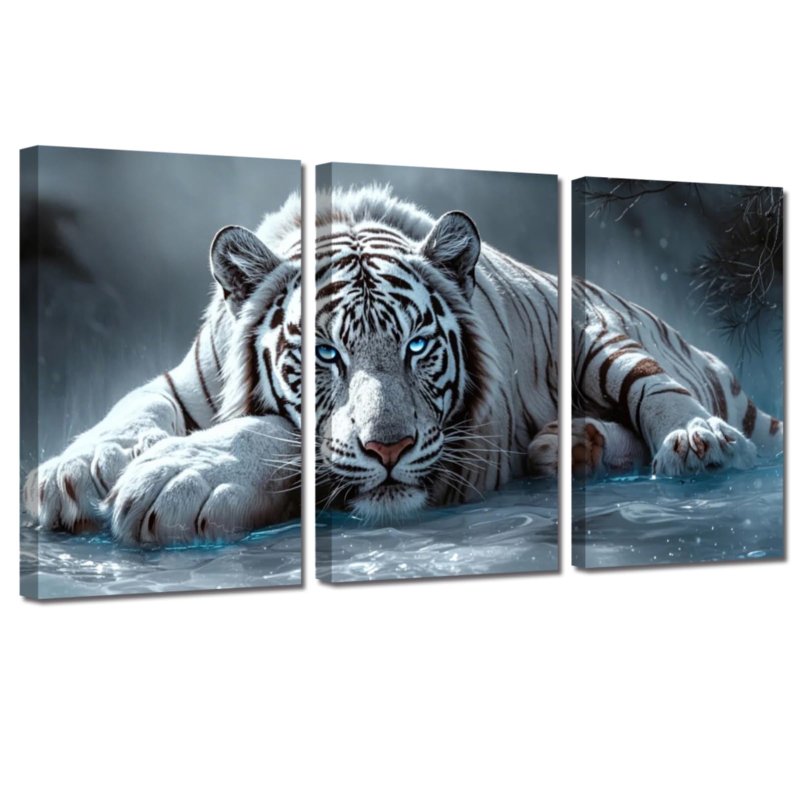 PBXBJY 3 Panels White Tiger Canvas Wall Art Wild Animal Picture Wall Decor Blue Eyes Poster Tiger Portrait Painting for Office Living Room Bedroom