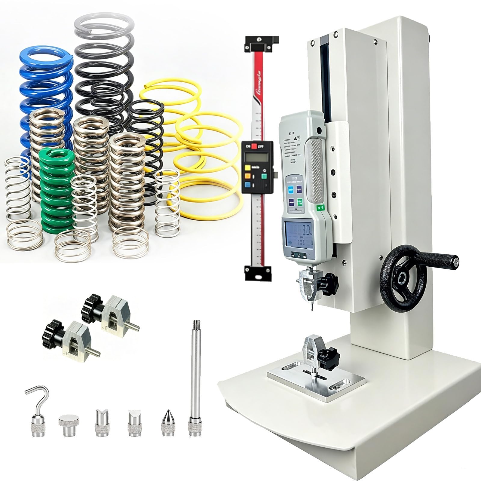 ZyKnaurral Digital Manual Tensile Testing Machine, Vertical Force Test Bench with Hand Crank, With 5 Probes 2 Testing Clamp for Compression and Tension Testing 2000N-WithRuler