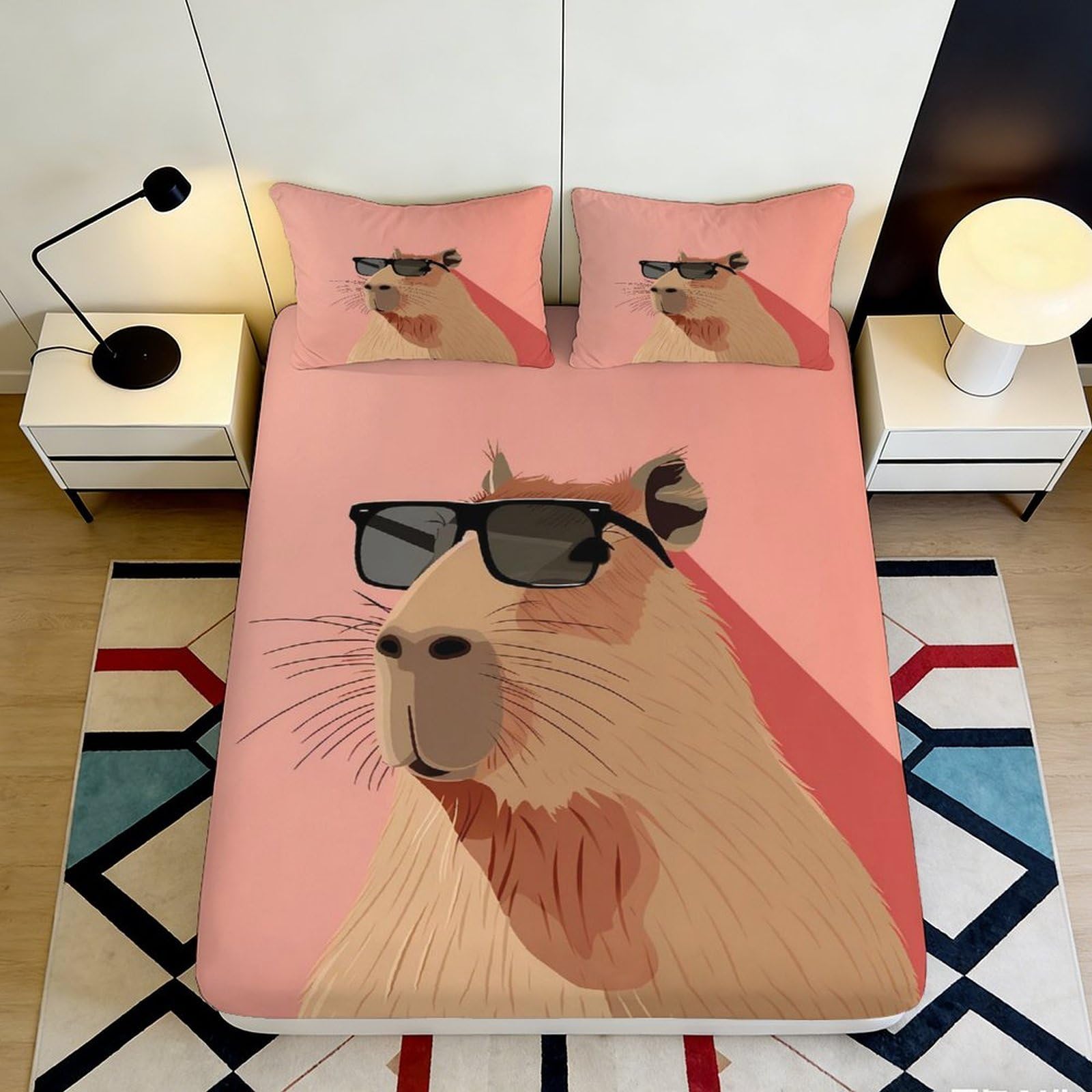 Pnayamiorkfel Style-6 3D Printed Capybara Sunglasses Fitted Sheet Microfiber Soft Pink Animal Bed Cover For Bedroom Guest Room Decor 90X200x25cm