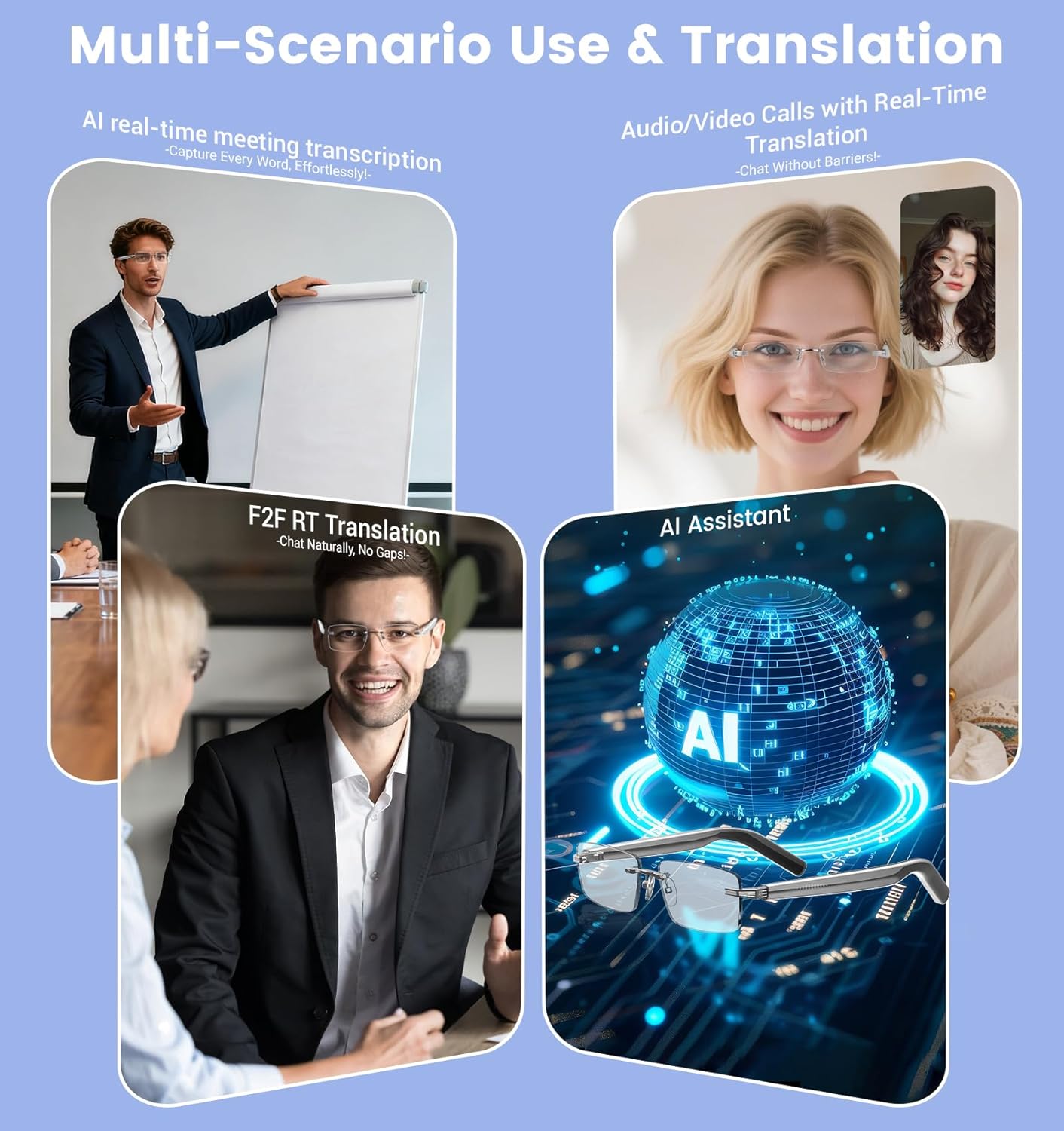 AI Smart Bluetooth Glasses for Men and Women with Chat GPT, Translation Glasses with 115 Languages and Rimless Blue Light Blocking Lens, Hands-Free Calls, Indoor Protection for Iphone Android Music