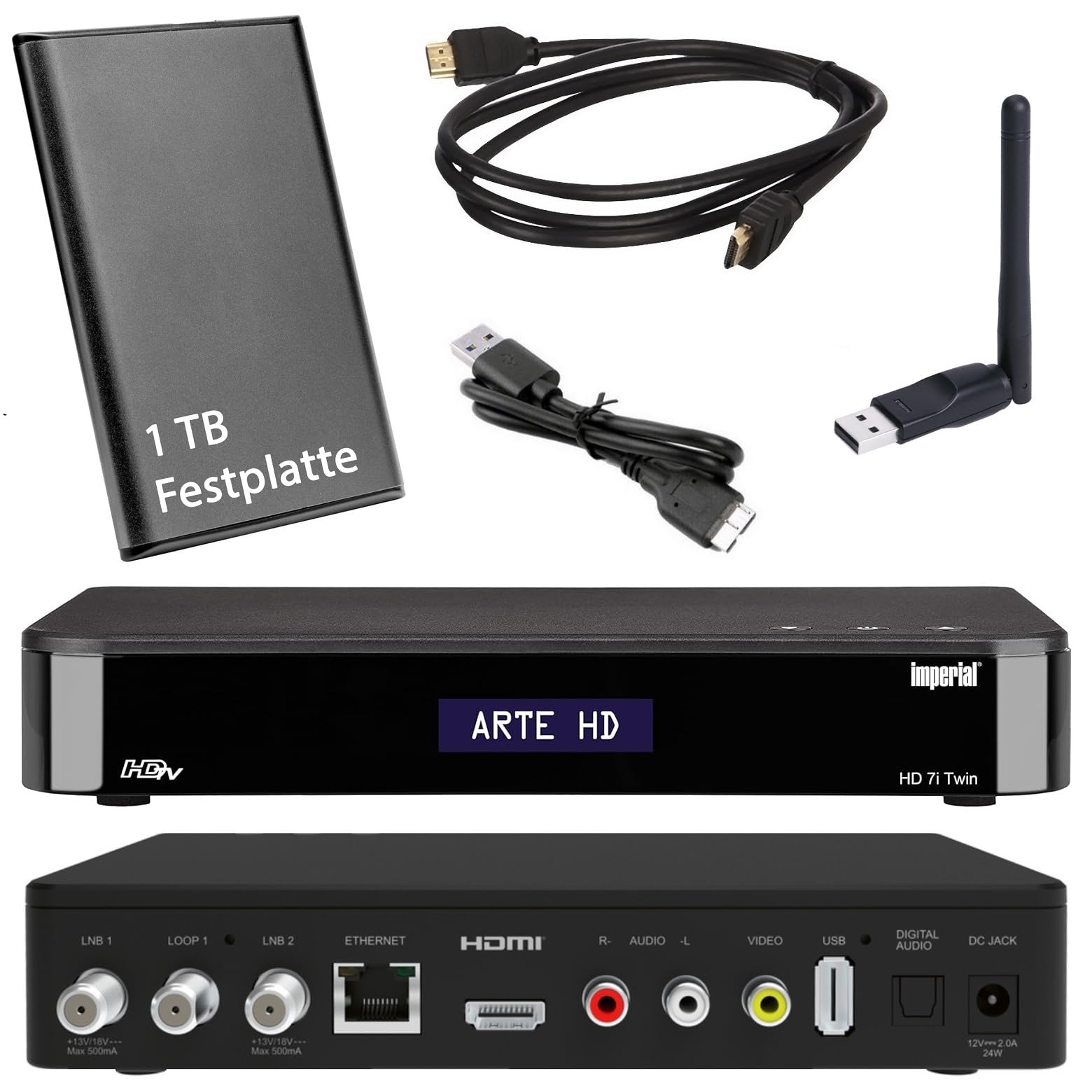 HD Twin SAT Receiver - Imperial i7 mit 1 TB Festplatte und W-LAN Stick (PVR, USB, LAN, W-LAN, HDMI) Full HDTV, Internetradio, Mediacenter, SAT IP Server, Bluetooth 5.1, netshop 25 Set