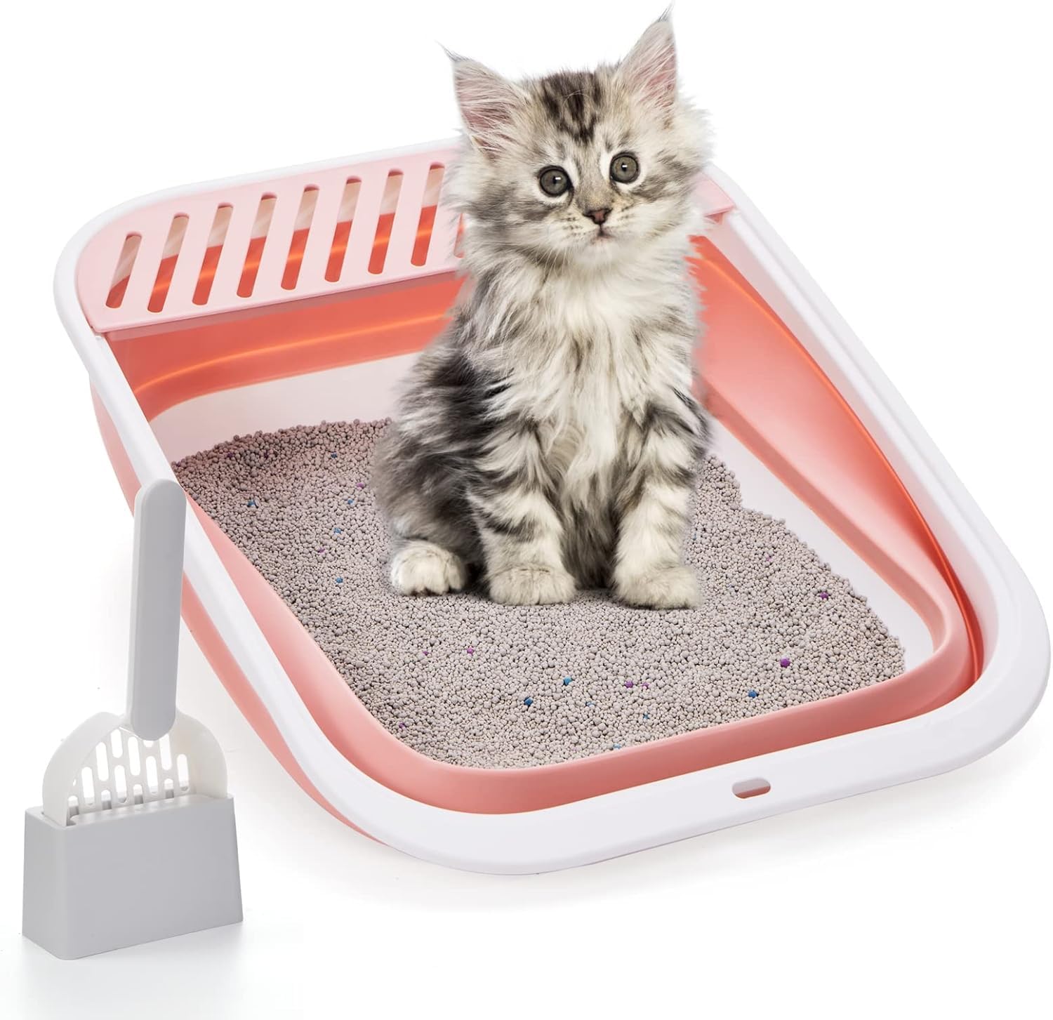 Open Top Cat Litter Box, Large Foldable Cat Potty Height-Adjustable Sides Anti-Splash, Open Air Kitty Litter Pan No Smell