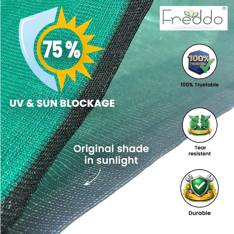 Image of FREDDO- 15 x 40 Ft 75% Green Shade Net with PP Loops | UV Stabilized HDPE Sun Shade Net for Garden, Plants & Nursery | Heat & UV Protection for Balcony, Terrace, Farming & Outdoor-Pack of 1 Piece