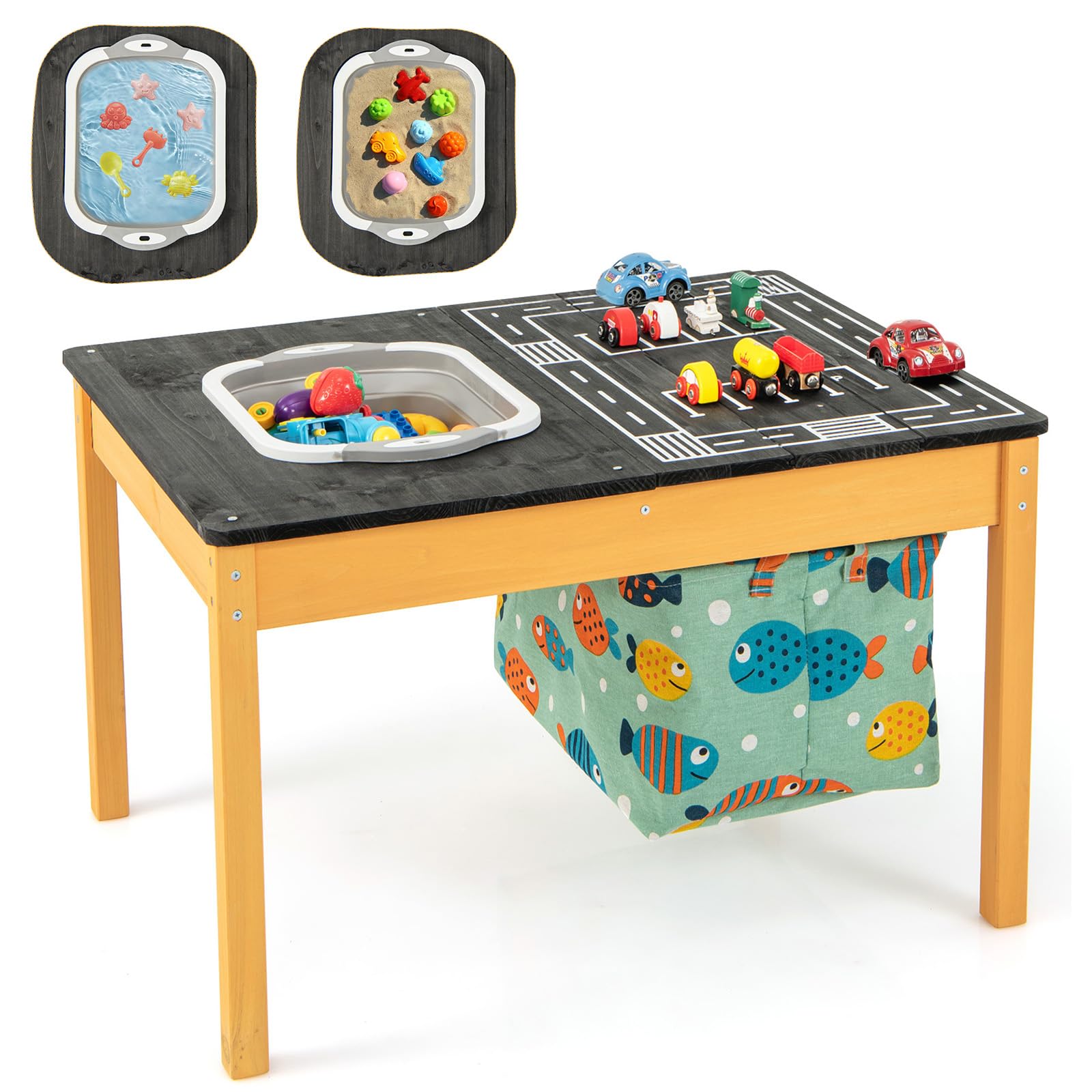 Costzon Sensory Table, 3-in-1 Wooden Sand Table w/Water Basin with Drain, Large Capacity Storage Bag, Racing Track & Parking Lot, Indoor Outdoor Kids