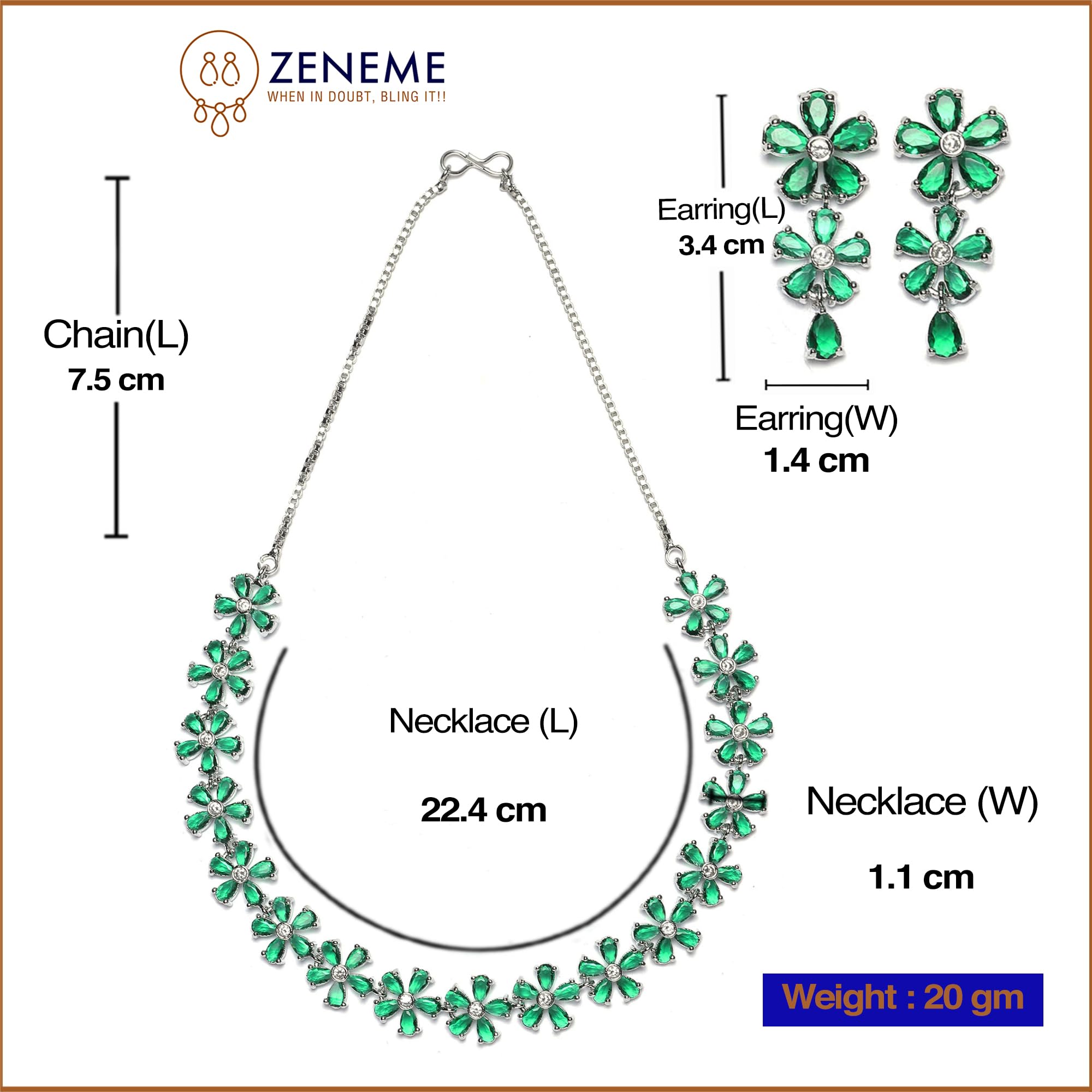 American Diamond Flower Jewellery Set (Green)