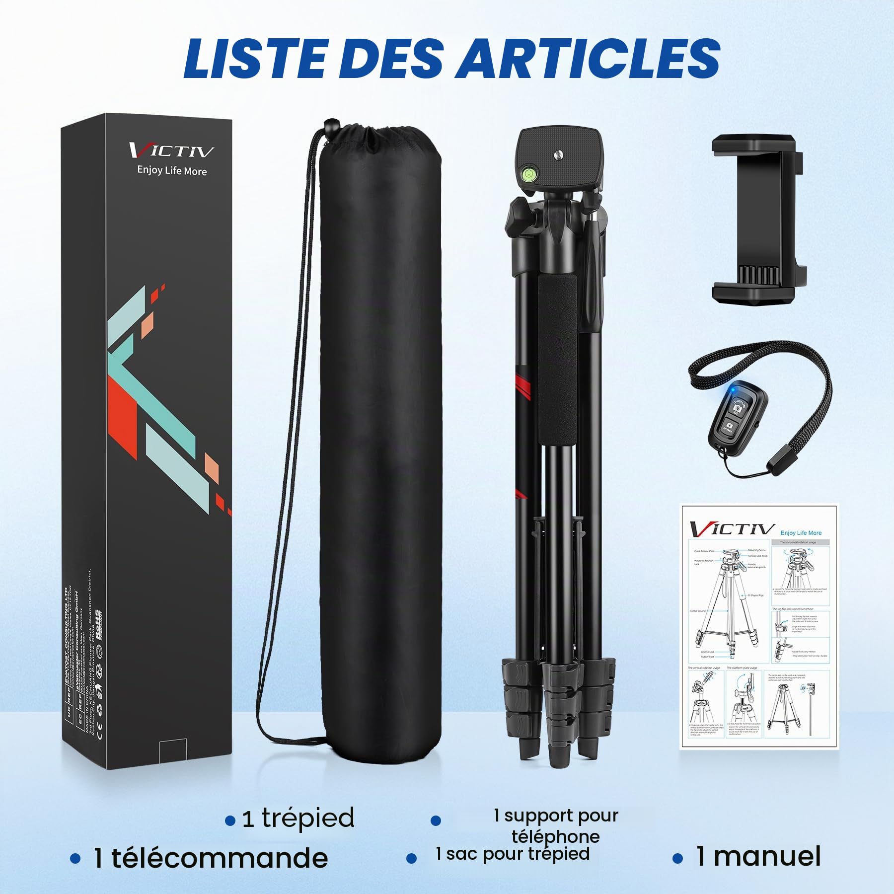 Victiv 162cm Nouveau Trepied Smartphone, Trépied Téléphone en Aluminium pour iPhone, Samsung, Huawei, avec Télécommande & Support, Portable Trépied Appareil Photo pour DSLR Caméra, Canon, Nikon, Sony