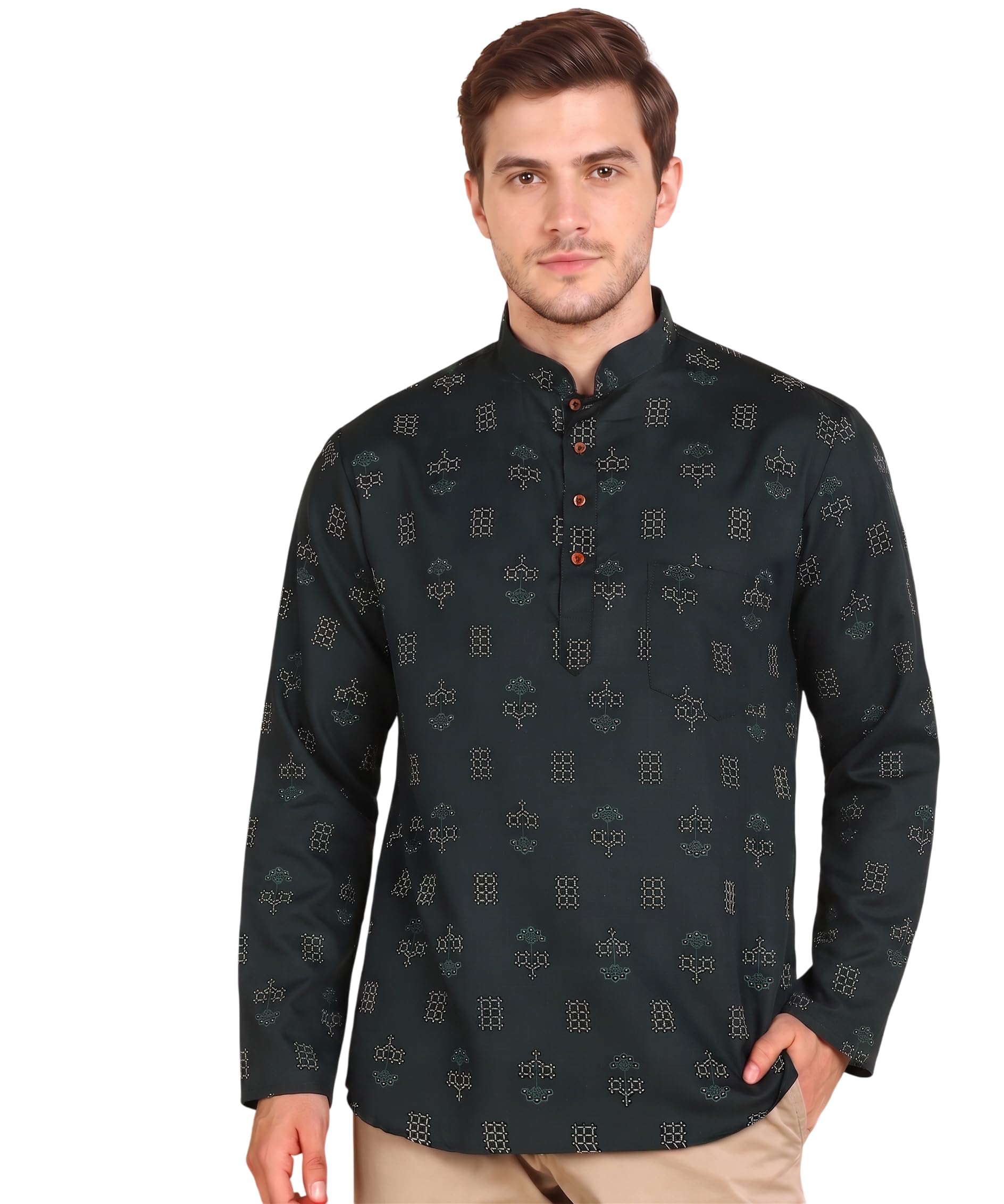 karnam Men's Printed Short Kurta | Cotton Blend Ethnic Kurta | Full Sleeves Mandarin Collar | Regular Fit | Casual, Festive-picture-0