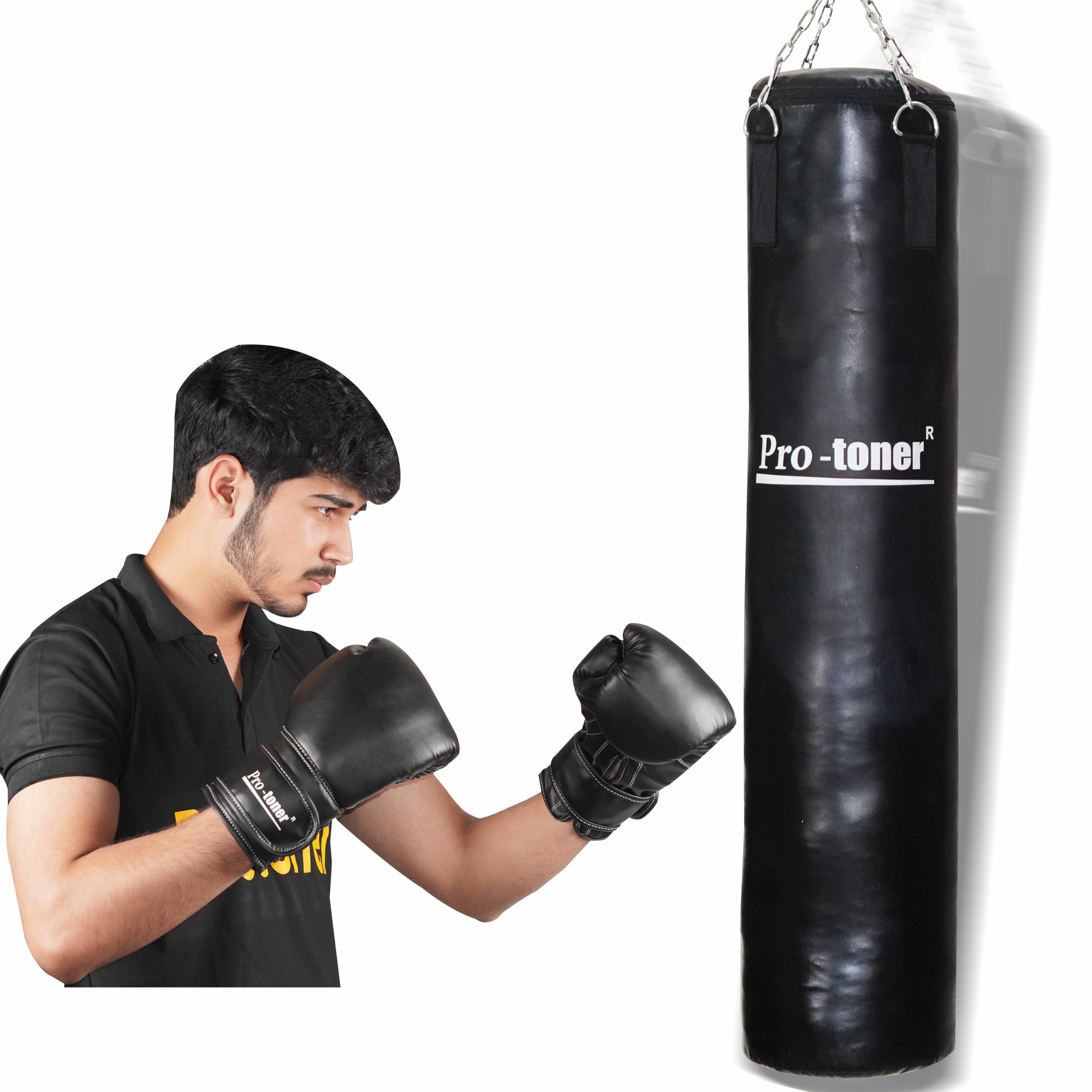 Protoner Boxing Training Set, 48-Inch Punching Bag with 12 Oz Gloves, Hand Wraps and Chain, Black (Unfilled Black Bag+Chain)