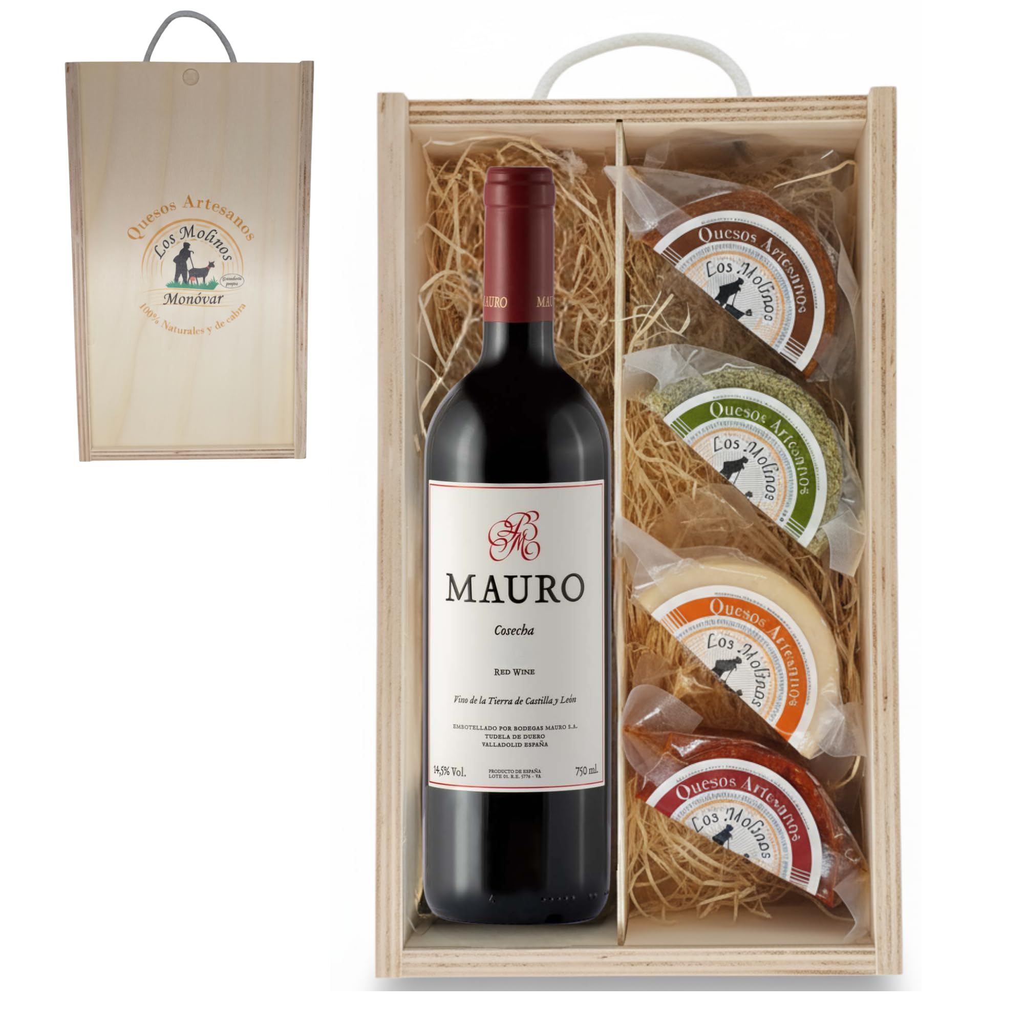 Estuche Gourmet 4 Quesos Artesanos de Leche Cabra con Botella Vino Tinto Mauro | Caja de Madera | Queso Semicurado, Romero, Pimentón y Curado | Regalo Gastronómico | Ganadería Propia