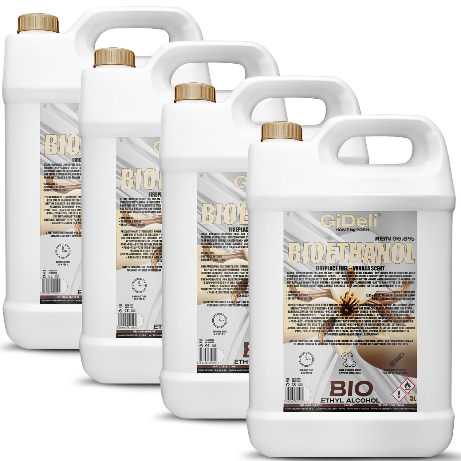 GiDeli Bioetanolo 4 x 5 l profumo di vaniglia 96,6% etanolo per camini interni ed esterni, senza fumo e fuliggine, da mais e barbabietola da zucchero