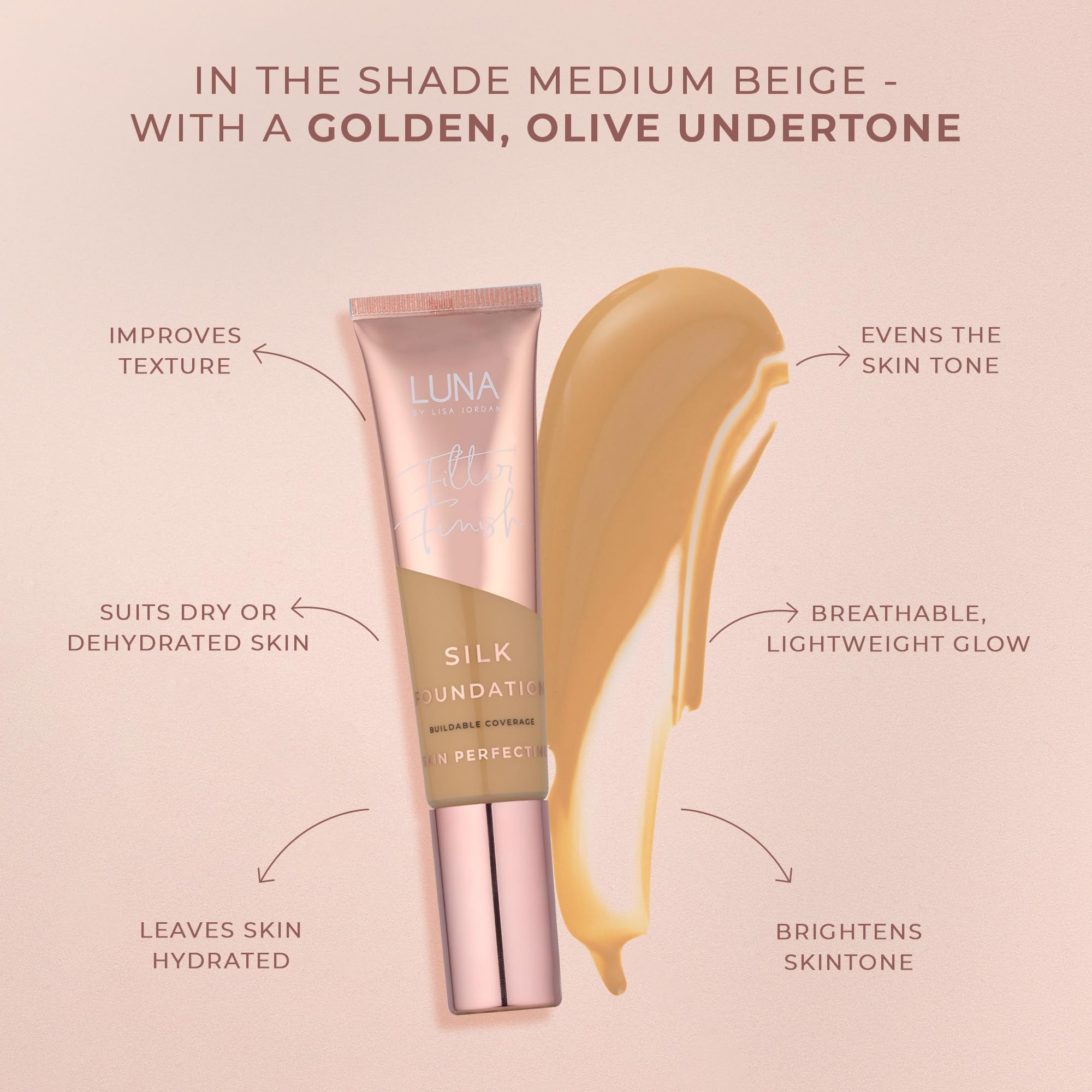 LUNA Silk Foundation in BEIGE Shade, Contains Hyaluronic Acid, Vitamin C & A, Aloe Vera, and Shea Butter - Image 3