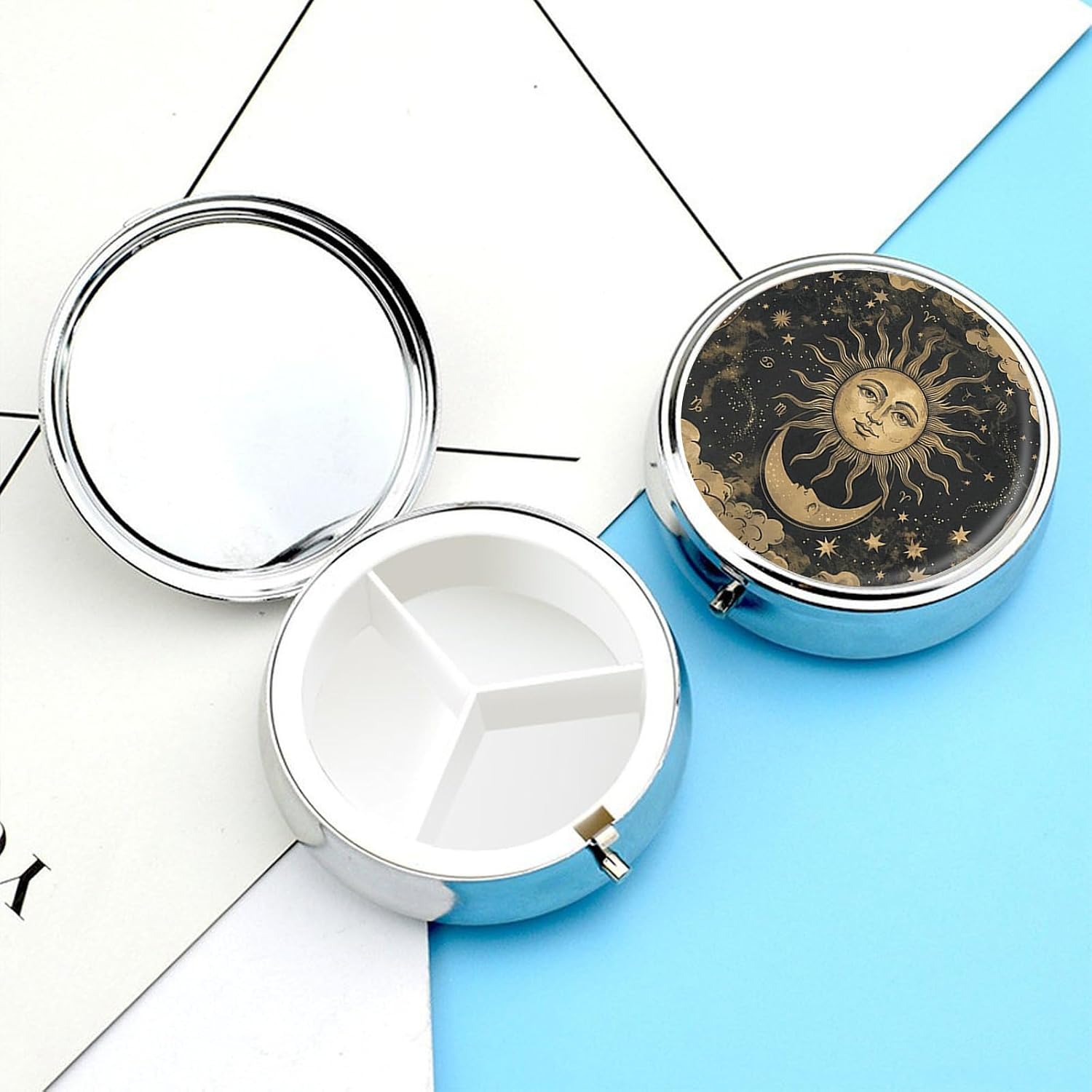 3 Compartment Travel Pill Case, Portable Round Pill Box for Pocket or Purse, Decorative Metal Medicine Vitamin Organizer. (The Sun and the Moon) image 3