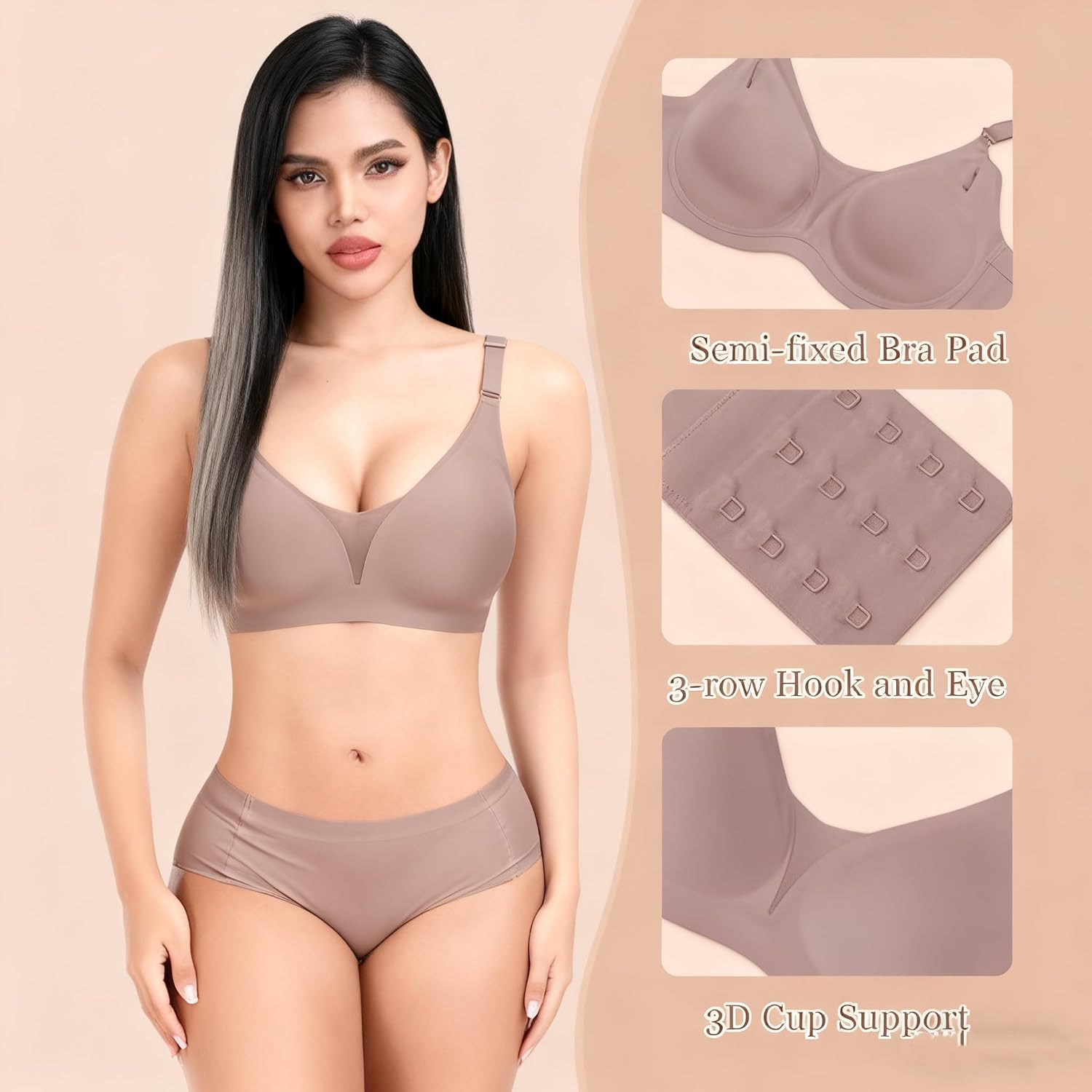 Sutiã feminino sem costura confortável com decote em V sem fio - sutiã push-up sem fio para mulheres, cobertura total, sem costura, Cinza, P