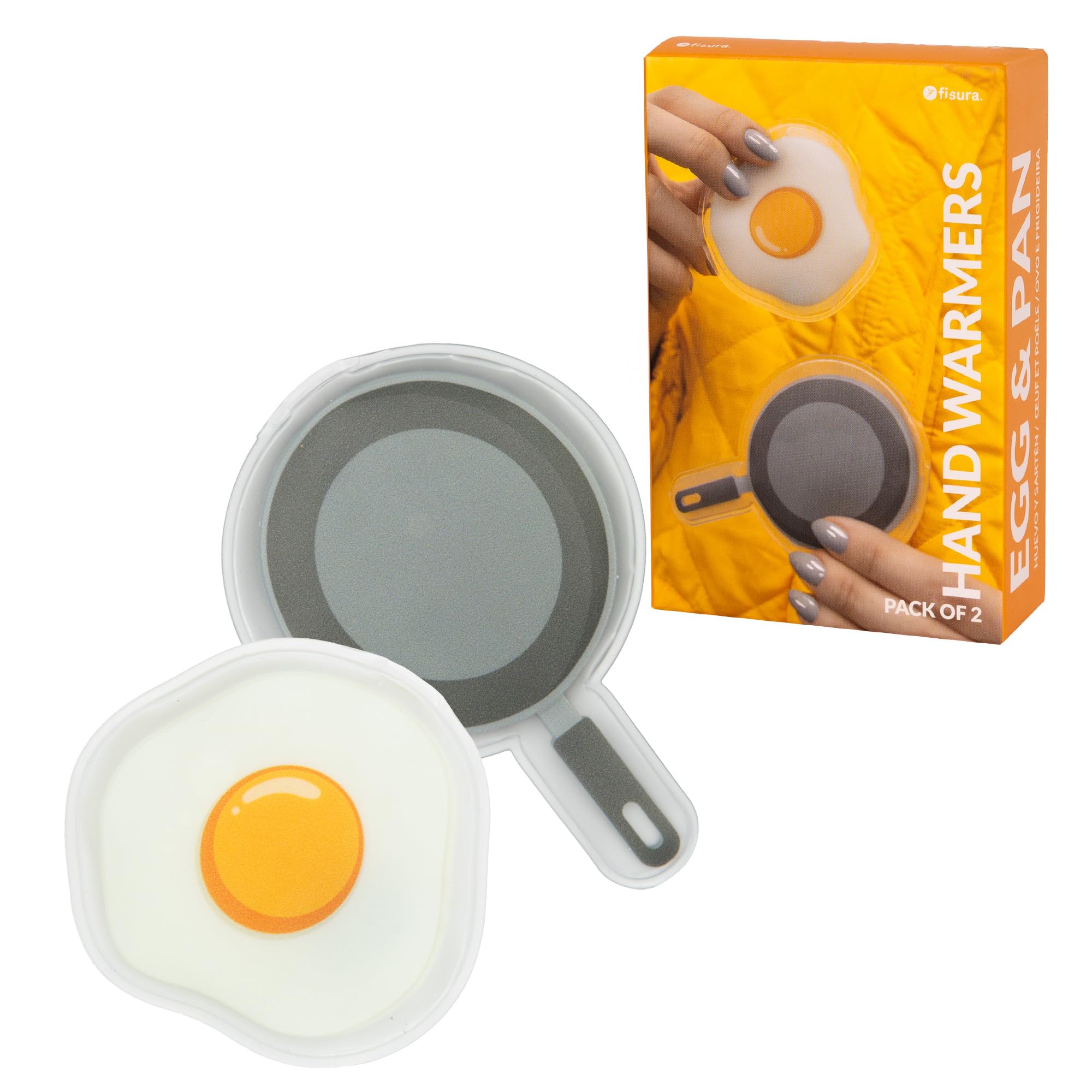 Fisura – Original gel hand warmer set “huevo y sartén”. Fun reusable pocket warmers for cold weather. Mini heaters for outdoor activities and winter walks. Pack of 2.