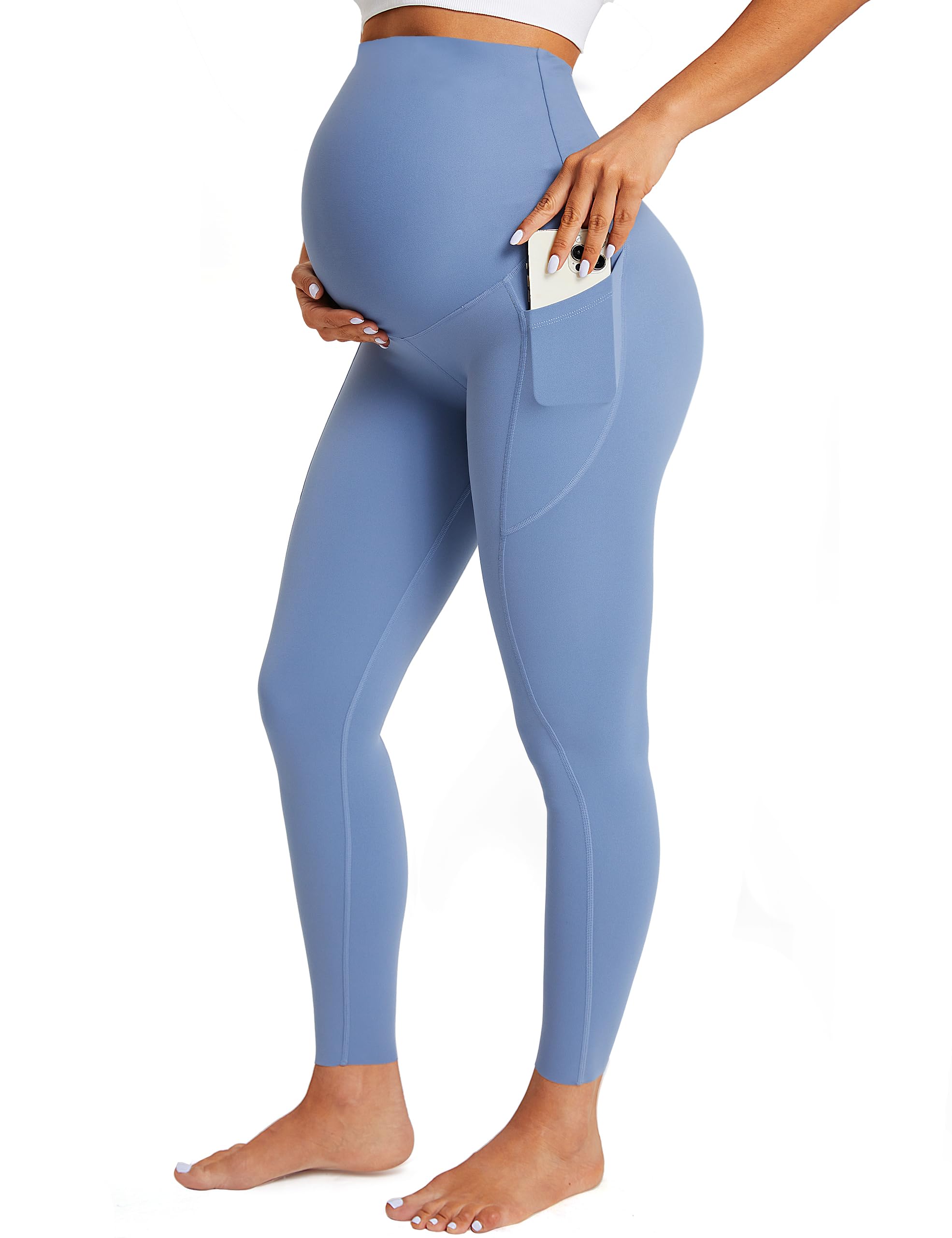 BAYDI Nudi Damen Umstandsleggings mit Taschen Blickdichte Lange Schwangerschaftsleggings High Waist Umstandshose Damen Weich elastisch Schwangerschaftshose