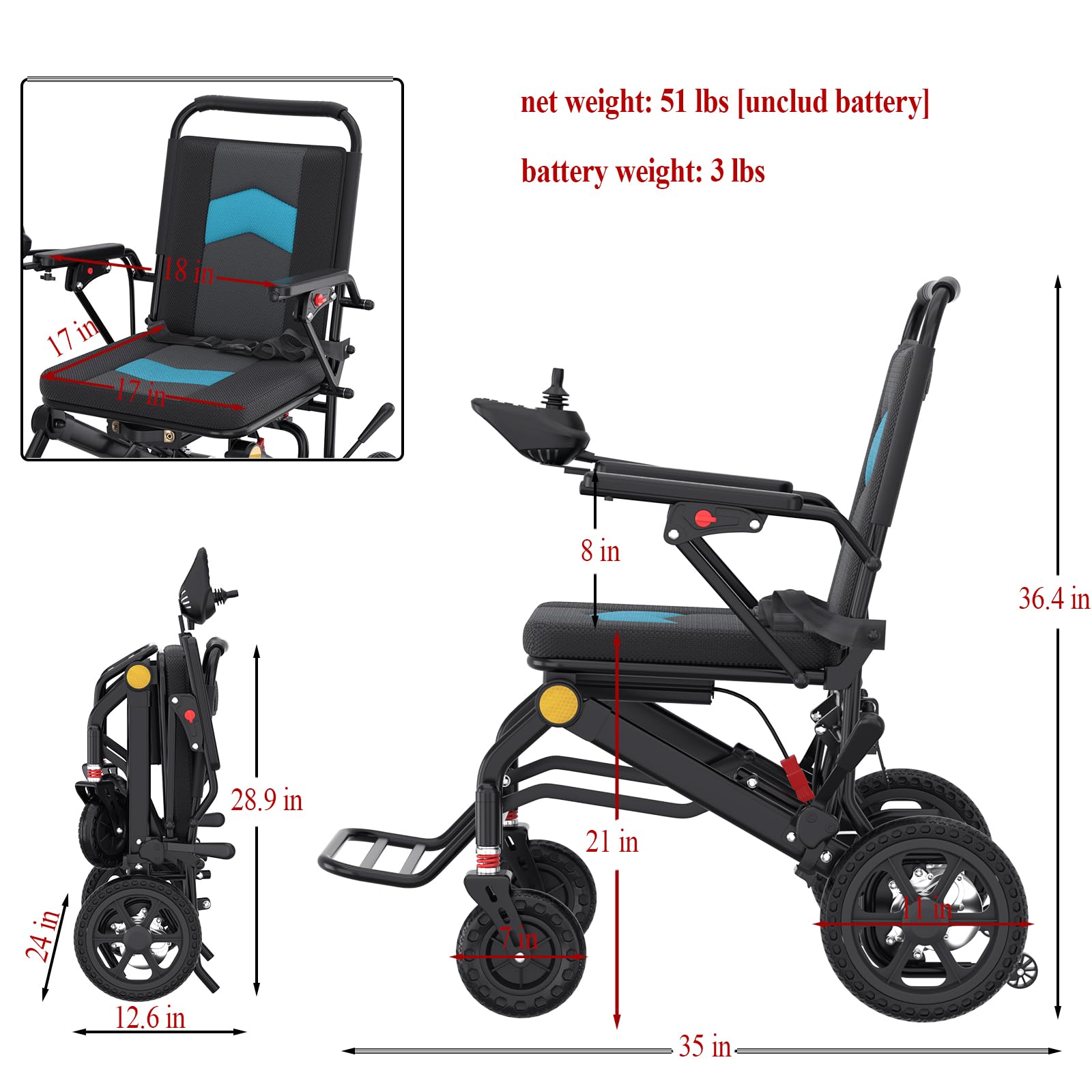 Portable Electric Wheelchair Foldable Power Wheelchair with Joystick Control, Lightweight Mobility Aid with Cushioned Seat All Terrain Power Wheelchair for Adults