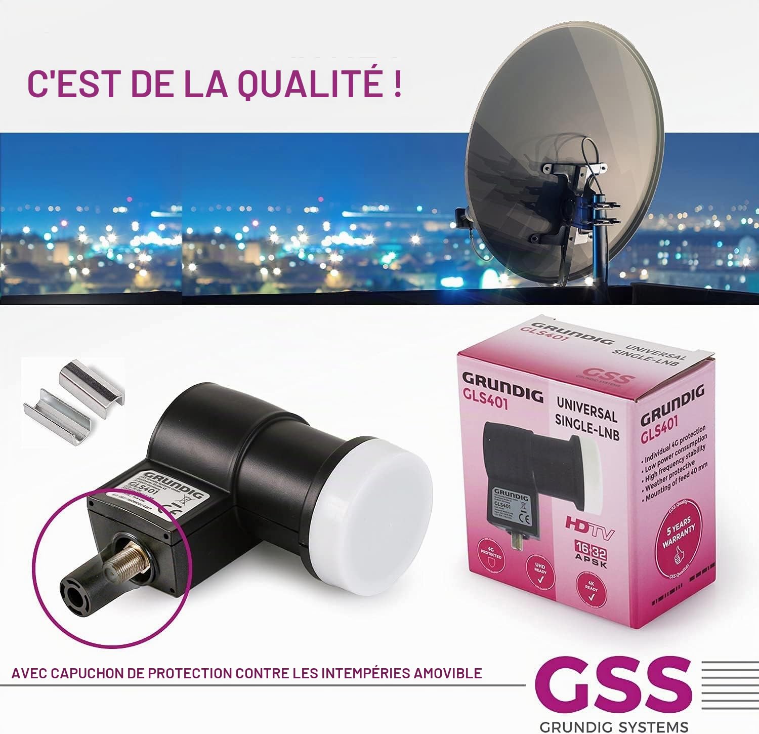 [Test très bien*] GSS Single LNB pour antenne satellite – pour 1 participant, LNC numérique 1 voie avec filtre LTE, réception HDTV Full HD, 4K, pour récepteur satellite, TV satellite + aide à la
