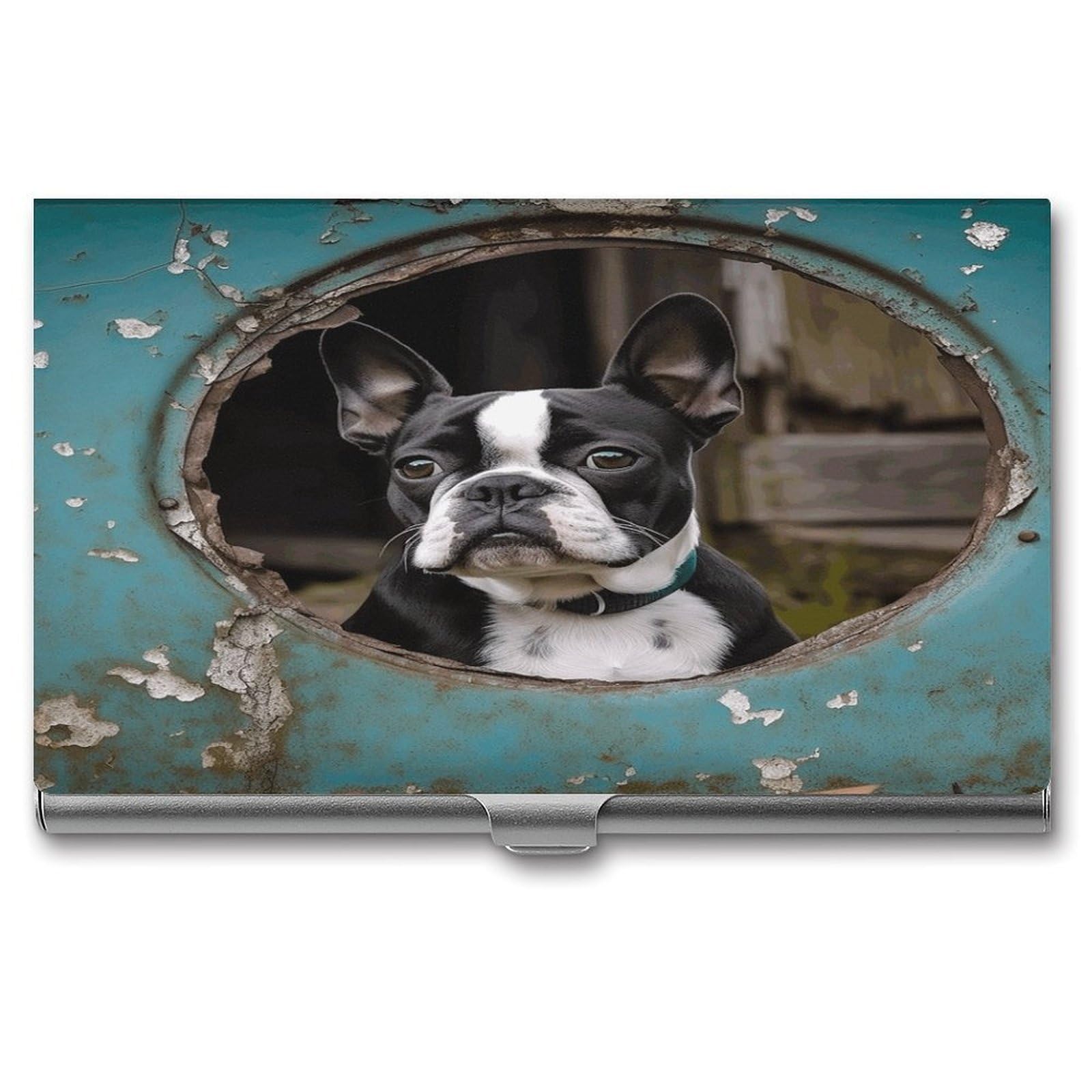 LZQPOEAS Boston Terrier Business Card Holder Aluminum Alloy Flip Cover Slim Name Cards Case Lightweight Business Name Card Holder Case Portable Purse Name Cards Holder