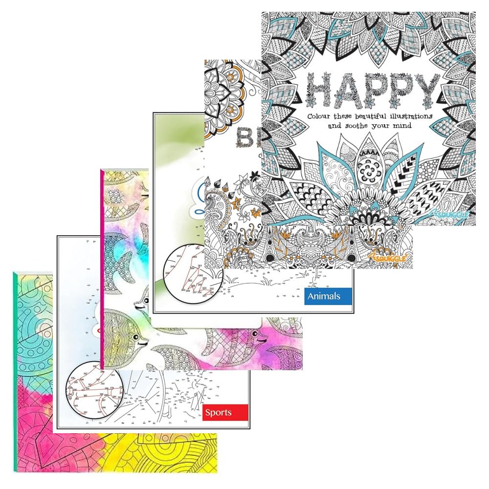 Sixstore Adult Colouring Books, Set of 6 Books, 180 Designs Animal, Pattern, Beautiful & Happy Advanced Illustrations Dot to Dot Sport, Animals Book, Mindfulness and Relaxing Drawing Pad