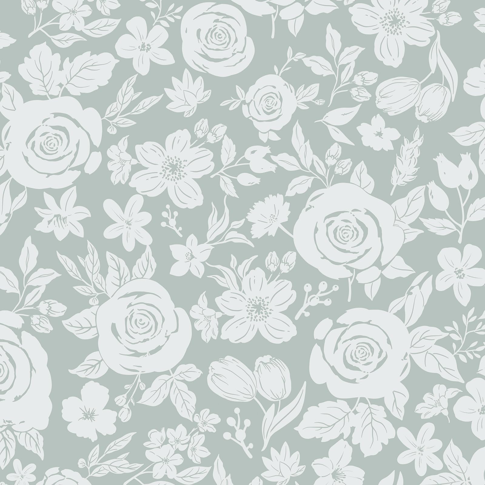 CiCiwind Self Adhesive Wallpaper Green White Floral Contact Paper 17.32''×118.11'' Peel and Stick Wallpaper Rose Stick on Wallpaper Waterproof Vinyl Wrap for Wall Furniture Kitchen Worktop