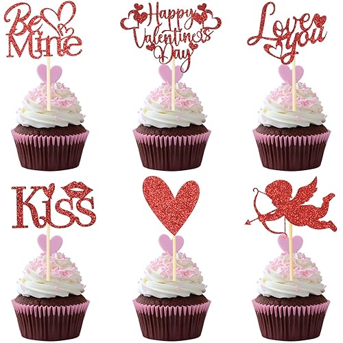 24Pcs Happy Valentine's Day Cupcake Topper, Glitter Cupcake Decor Sweet