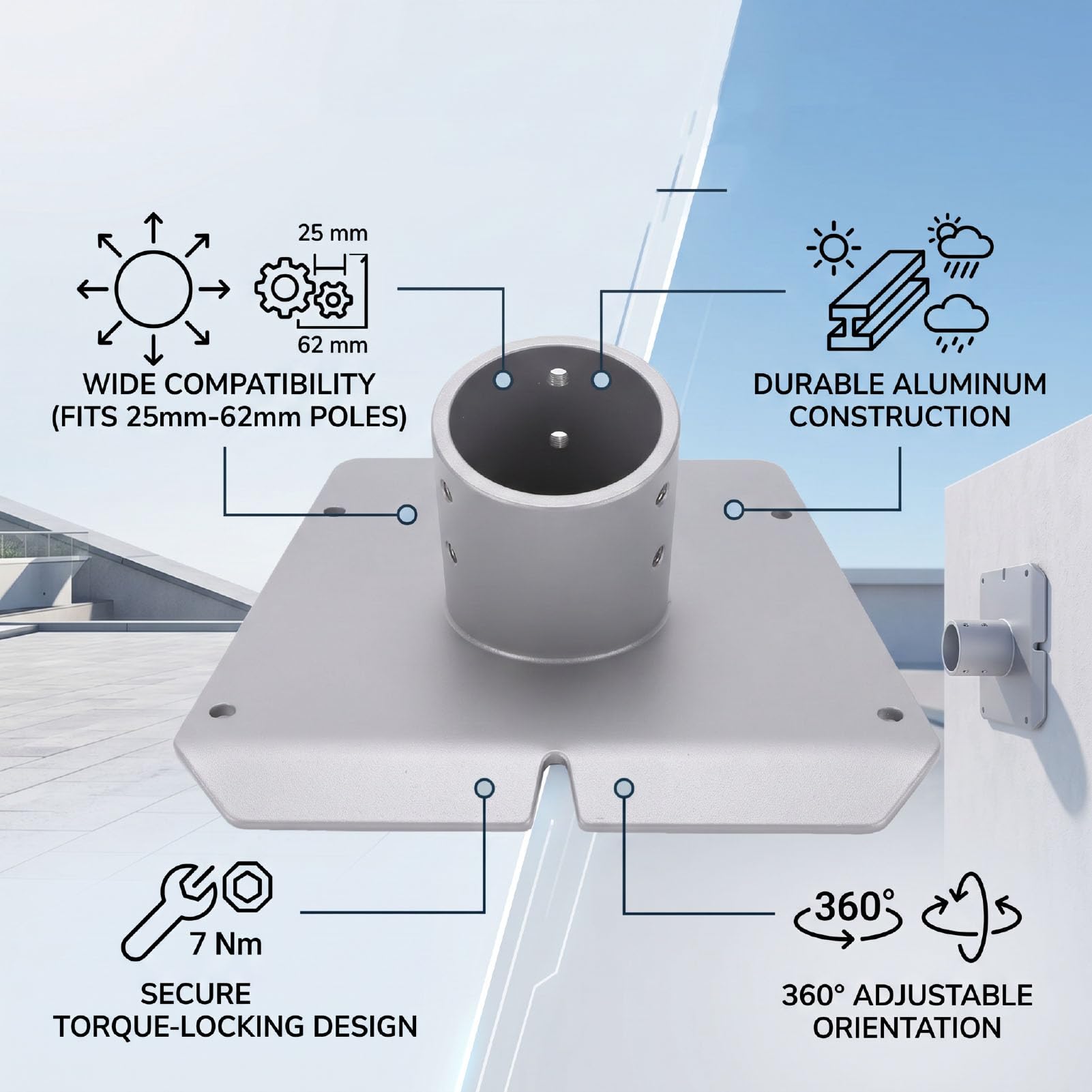 Montaje Adaptador de Tubo Ajustable de 1 a 2,4 Pulgadas | Compatible Gen3, inclinación giratoria de 360°, suelo de pared de techo, instalación con llave hexagonal