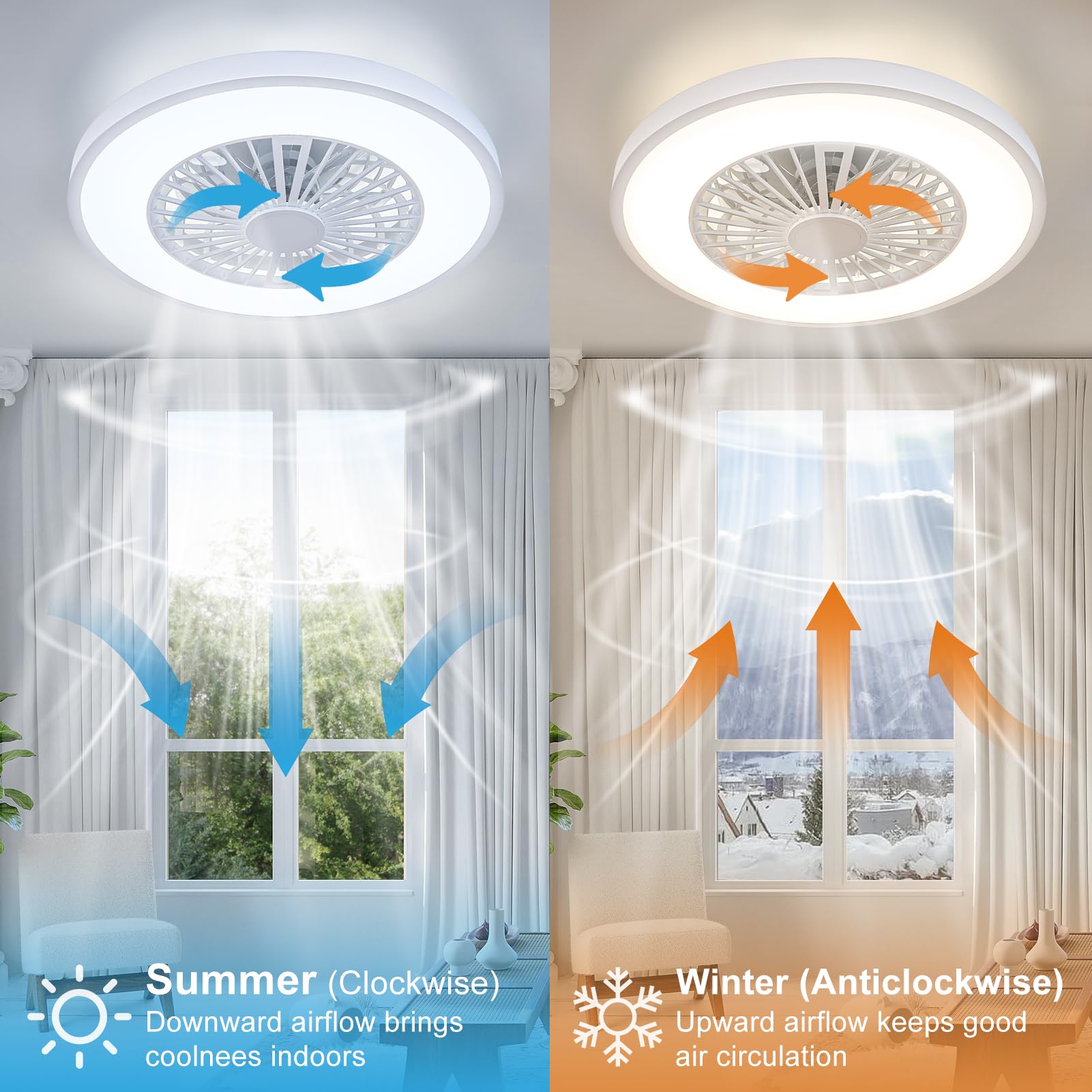 Ateroll Ventilatore da Soffitto con Luce, Motore DC 25W LED 45W, RGB (3000K-6500K), 3000LM, 6 Velocità del Vento Regolabili con Telecomando, Timer, Memoria Luce, 7 Pale del Ventilatore Reversibili