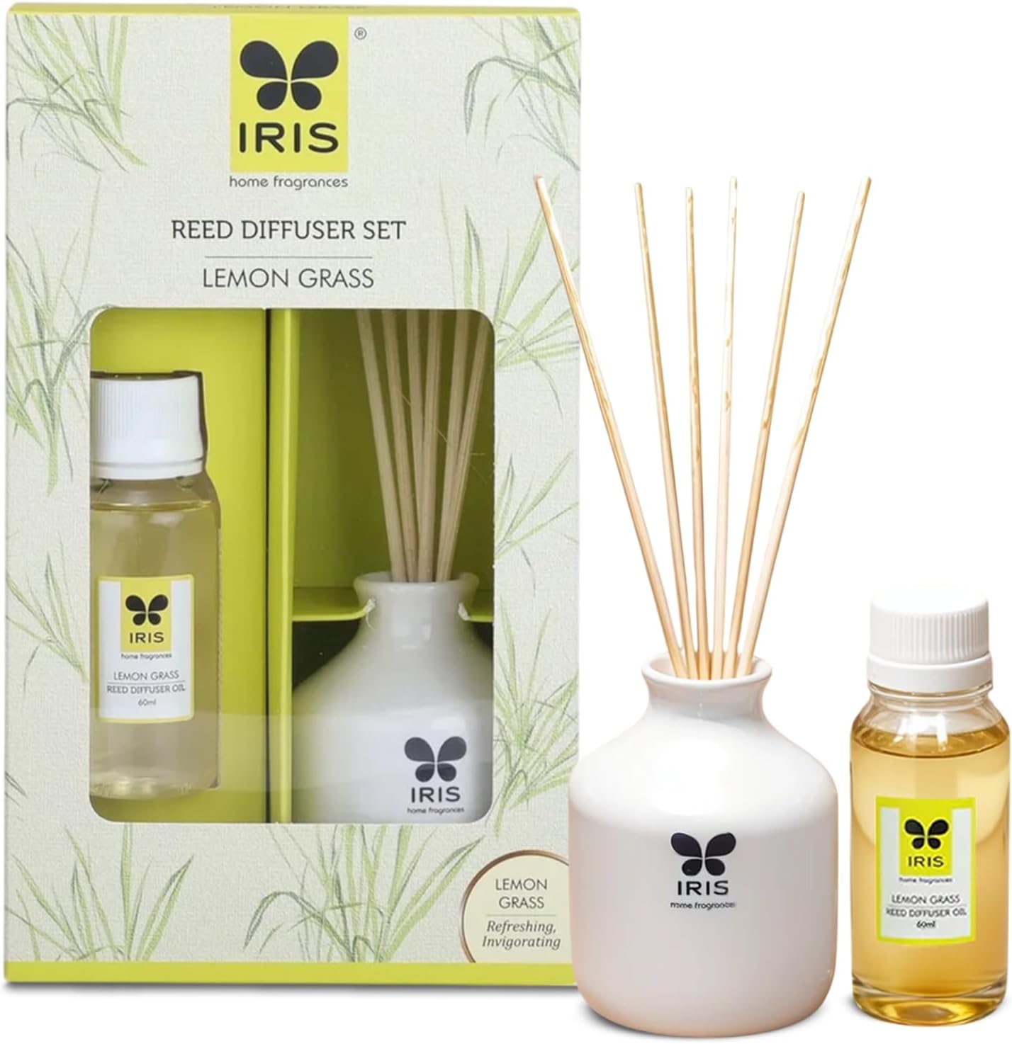 - IRIS Home Fragrance,60Ml Lemon Grass Reed Diffuser Set |Free 6 Reeds Sticks of 7.5"|Stress Relief & Aromatherapy |Long-Lasting,Smoke-Free Air Freshener for Home,Bedroom and Office | Ideal for Gifting