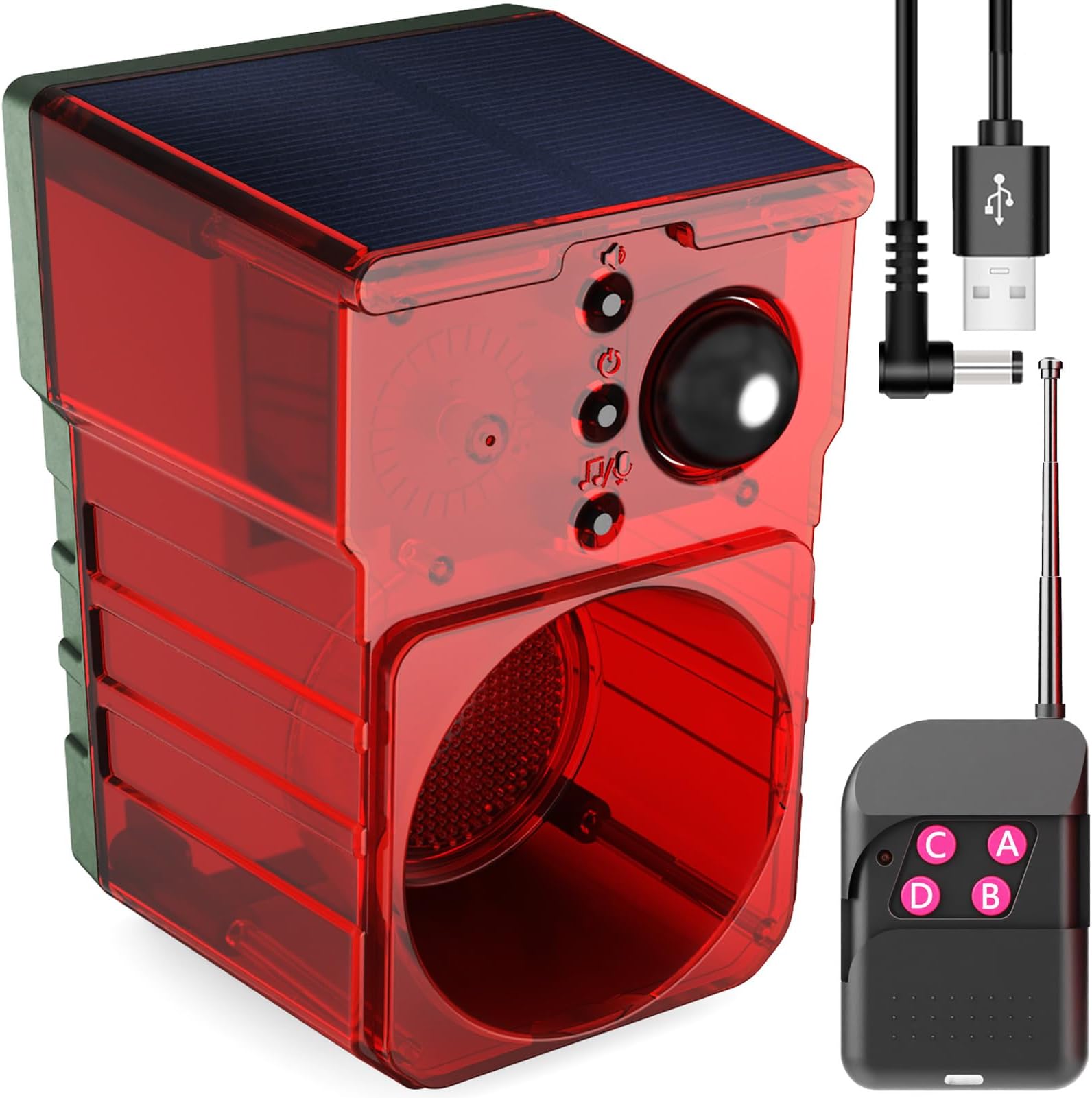 Solar Outdoor-Indoor Motion Sensor Alarm - Loud Noise Maker, Detector Strobe Lights with Alarm Sound and Barking and Gunshot Sound, Featuring Remote Control, Ideal for Homes, Cottages, and Farms.