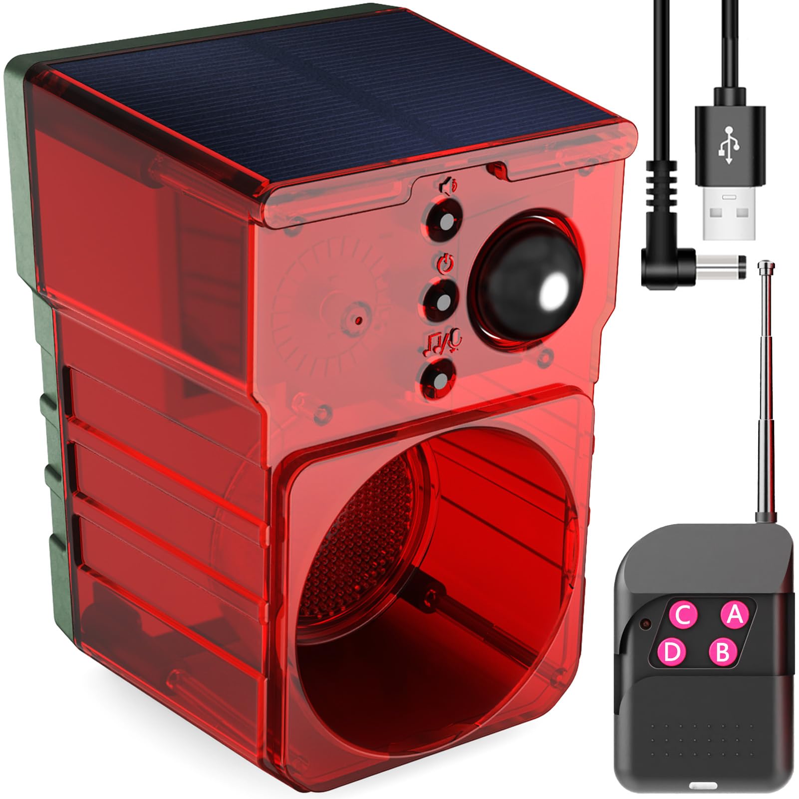 Solar Outdoor-Indoor Motion Sensor Alarm - Loud Noise Maker, Detector Strobe Lights with Alarm Sound and Barking and Gunshot Sound, Featuring Remote Control, Ideal for Homes, Cottages, and Farms.