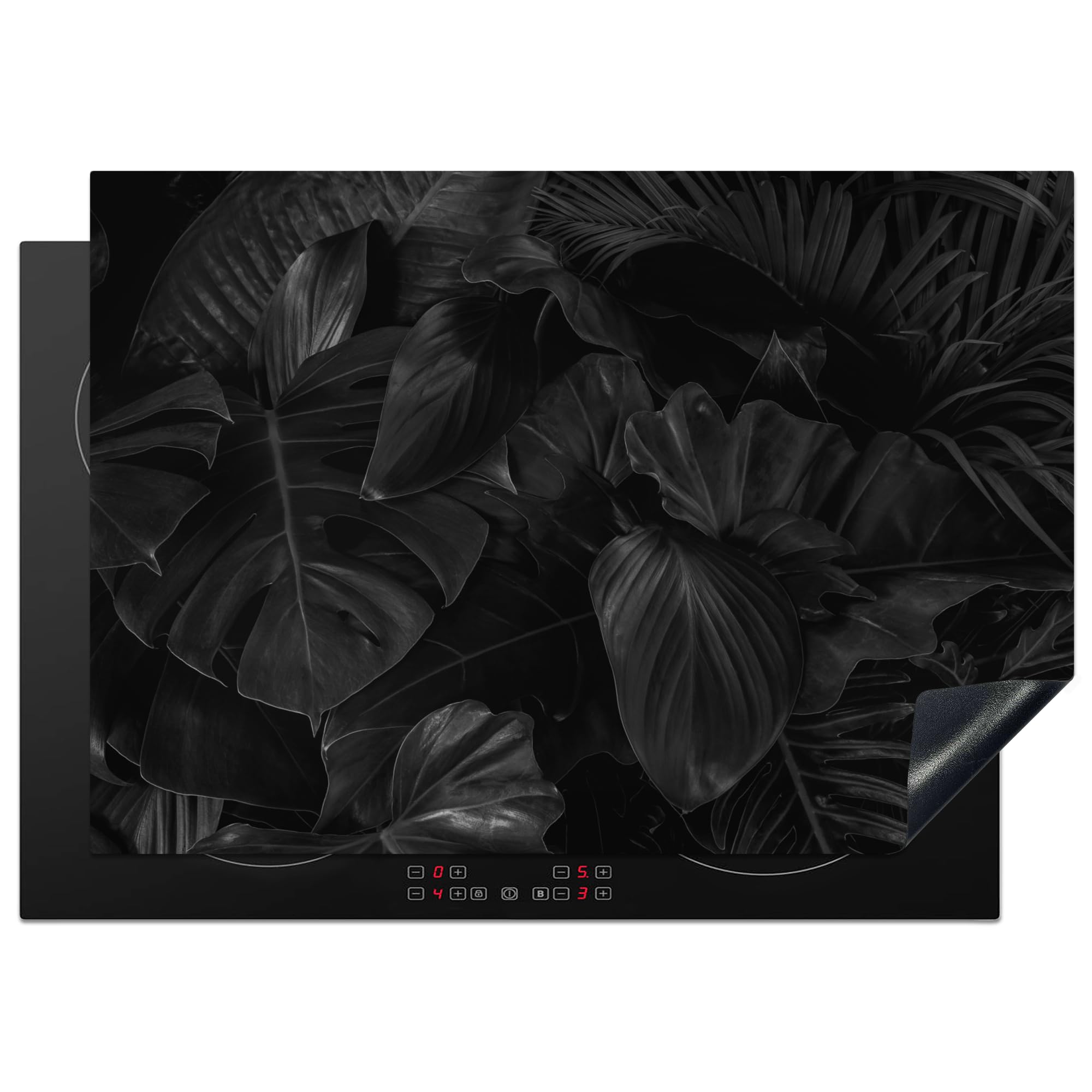 KitchenYeah© Induction Hob Cover Protector Mat 20.5"x29.5" / 75x52 cm Kitchen Universal Ceramic Covers for Electric Cookers Vinyl Leaves - Black - Plants - Dark