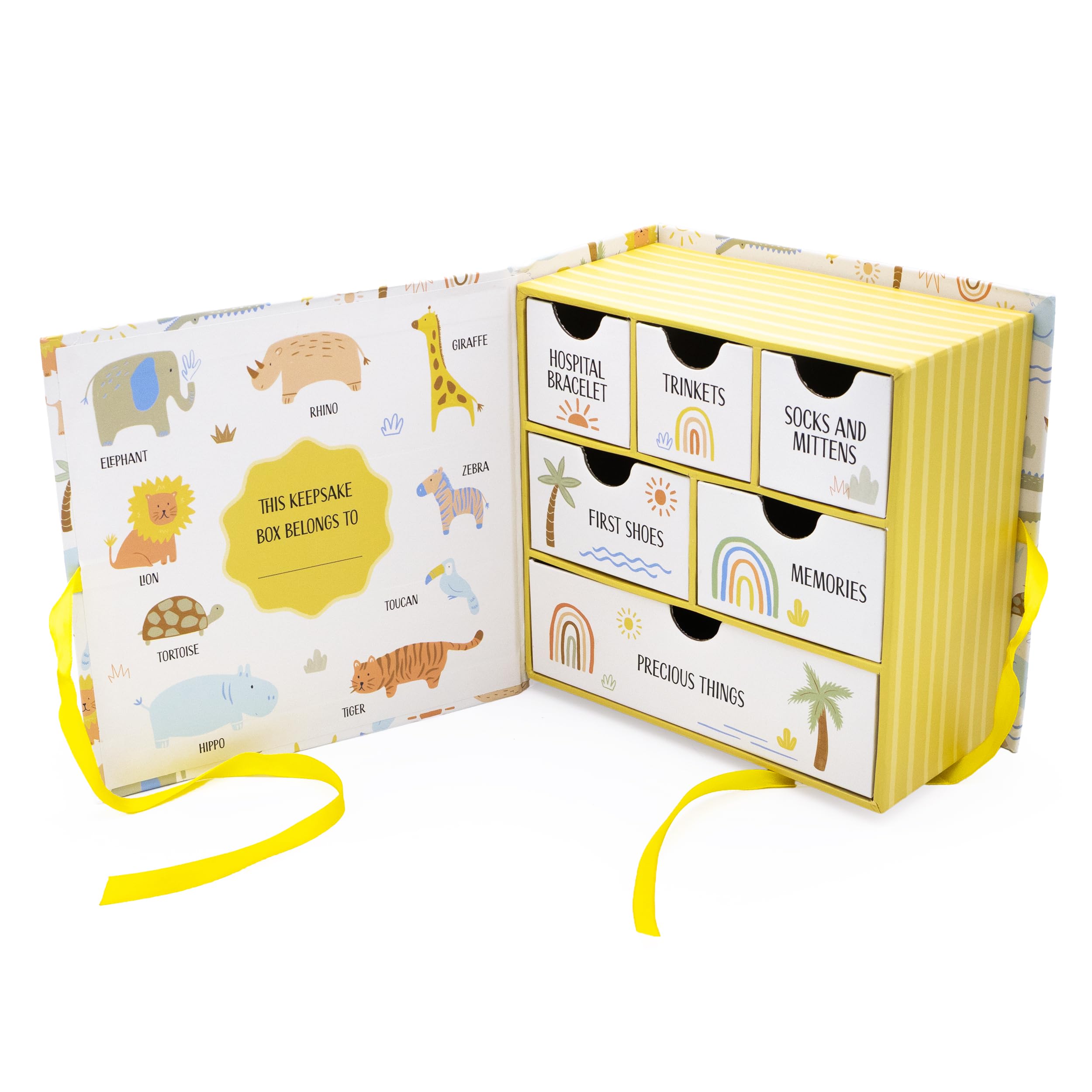 Scatola per Ricordi del Bebè con Animali della Ninna Nanna – Scatola dei Ricordi con 6 Cassetti per Mementos del Neonato – Regalo per Bambino con Chiusura a Nastro