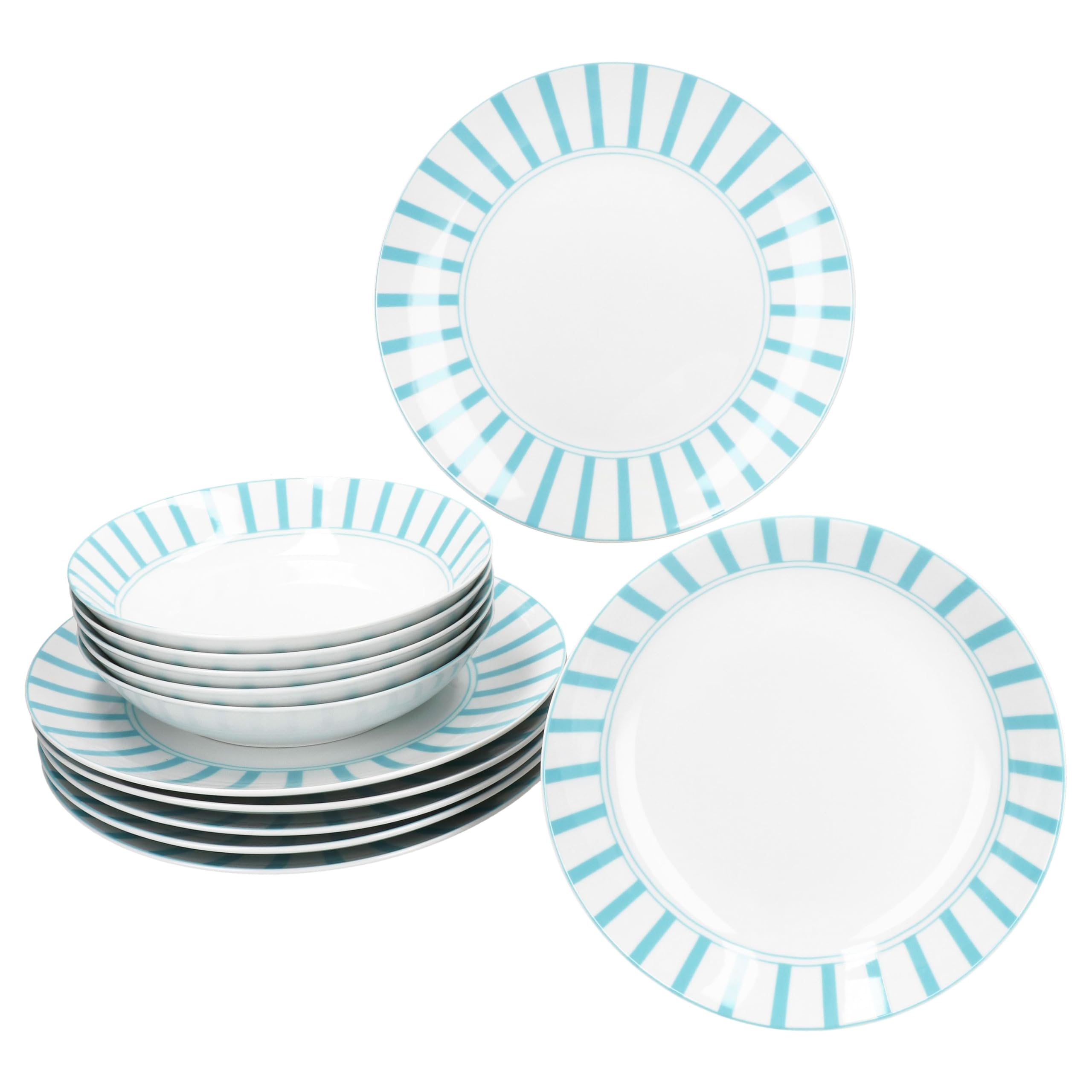 MamboCat Split Service de table 12 pièces turquoise I Vaisselle en porcelaine blanche à rayures pour 6 personnes I 6 assiettes creuses & 6 assiettes plates pour petit-déjeuner, déjeuner et dîner