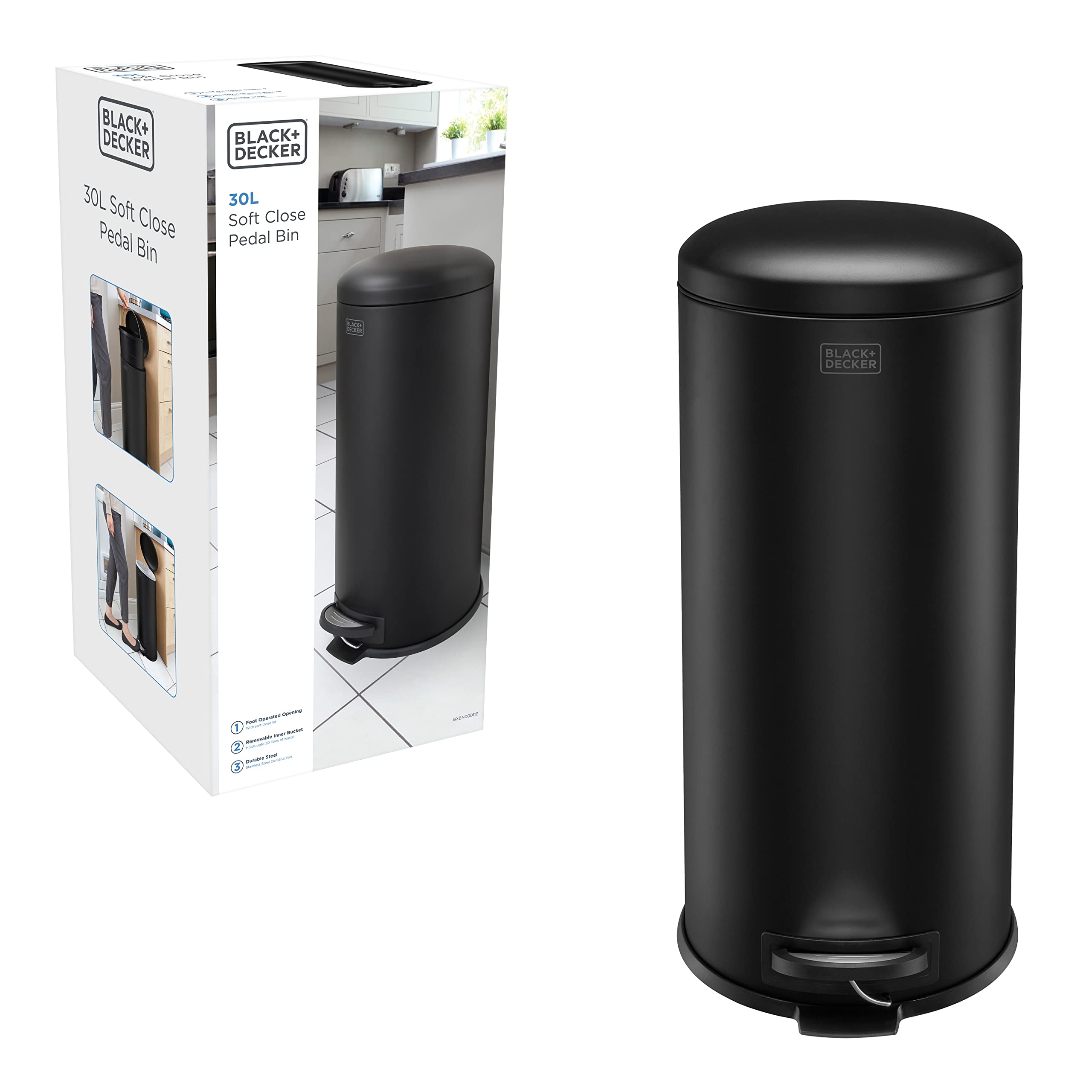 BLACK+DECKER Tretmülleimer 30L Matt Schwarz Slimline | Gewölbter Deckel | Sanft Schließender | Herausnehmbarer Inneneimer mit Tragegriff | Fingerabdruckfrei | Fußpedal