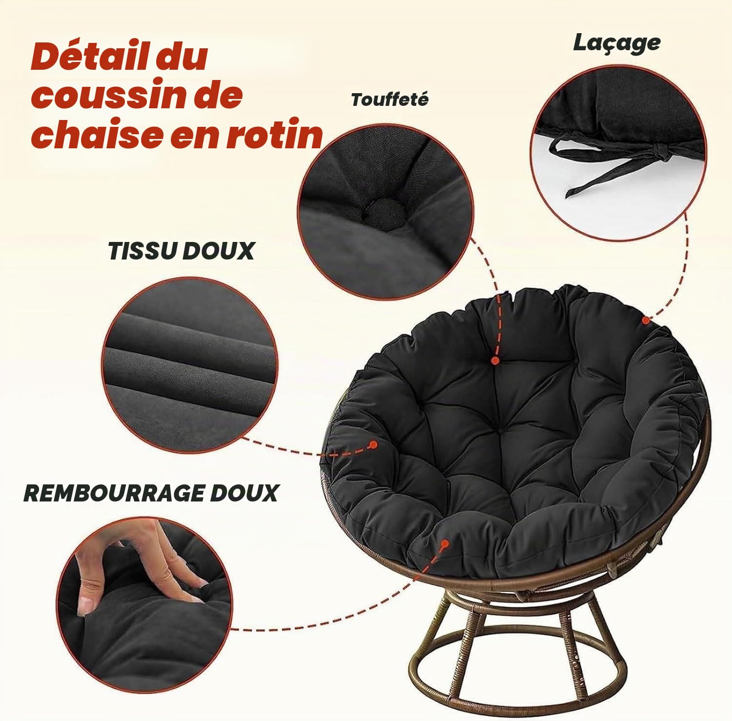 Coussin De Chaise Papasan Extérieur, Coussin De Siège Rond, Coussin De Chaise Confortable, Rempli De Coton, 130x130cm, Kaki