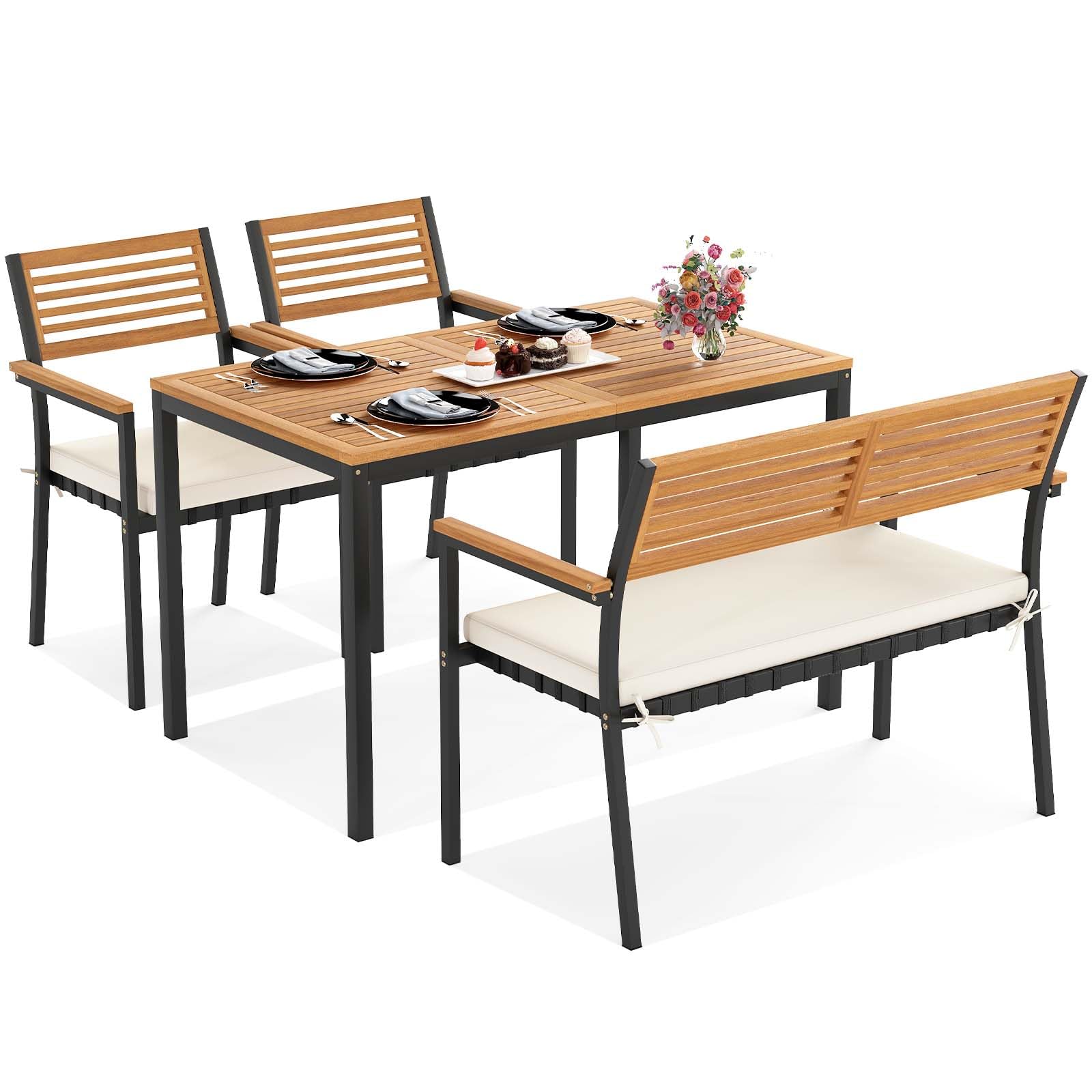 KOMFOTTEU Tavolo da Giardino con 2 Sedie e Panca con Foro per Ombrellone e Cuscino Morbid, Set Pranzo da Giardino Ergonomico in Legno di Acacia, Design Impilabile, Set Salotto per Esterno da Balcone