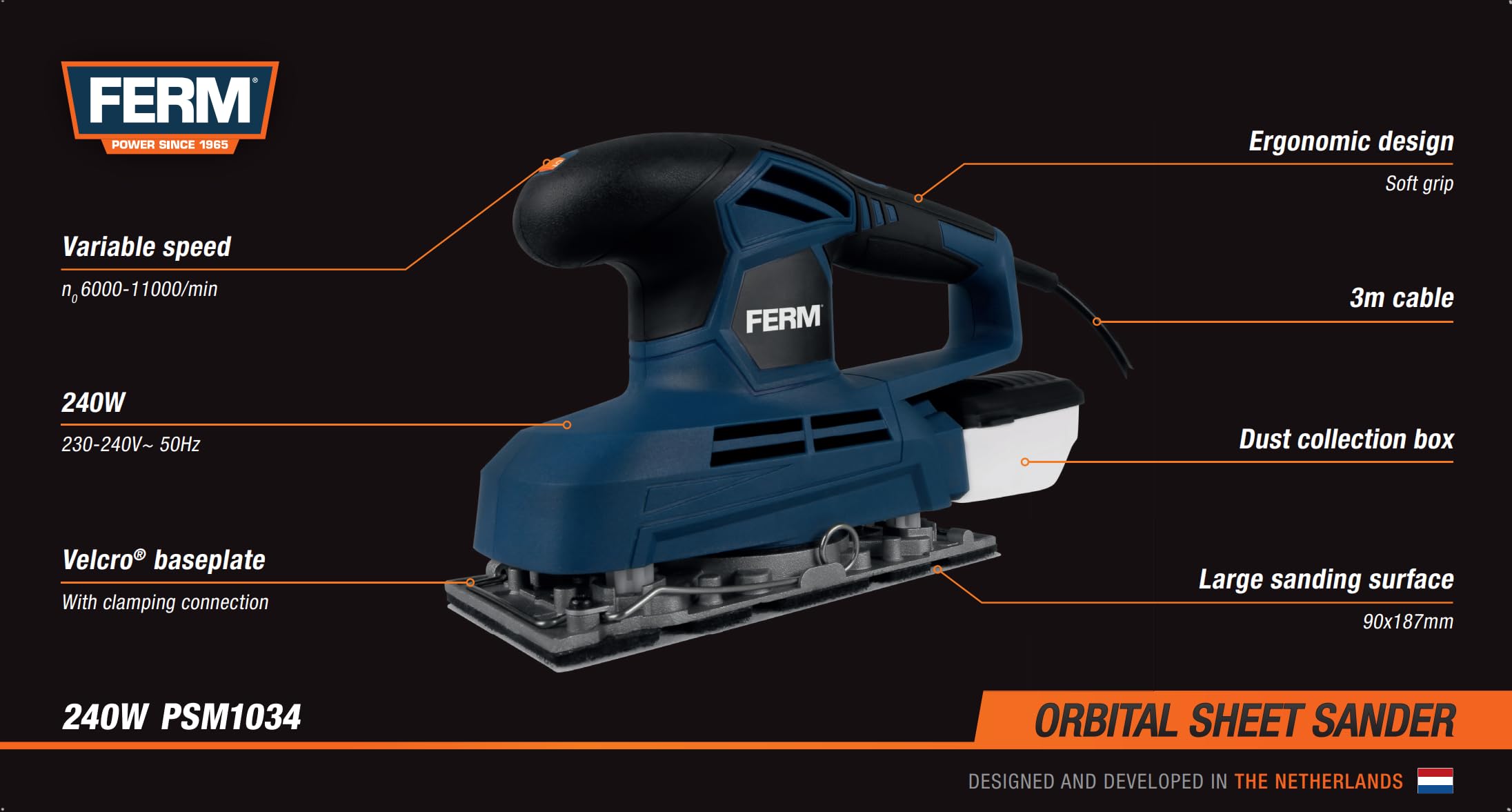 FERM Ponceuse Vibrante 240W – Vitesse Variable 6 000–11 000/min – Surface de Ponçage 90×187 mm – Fixation par pinces – Bac à poussière – Câble 3 m
