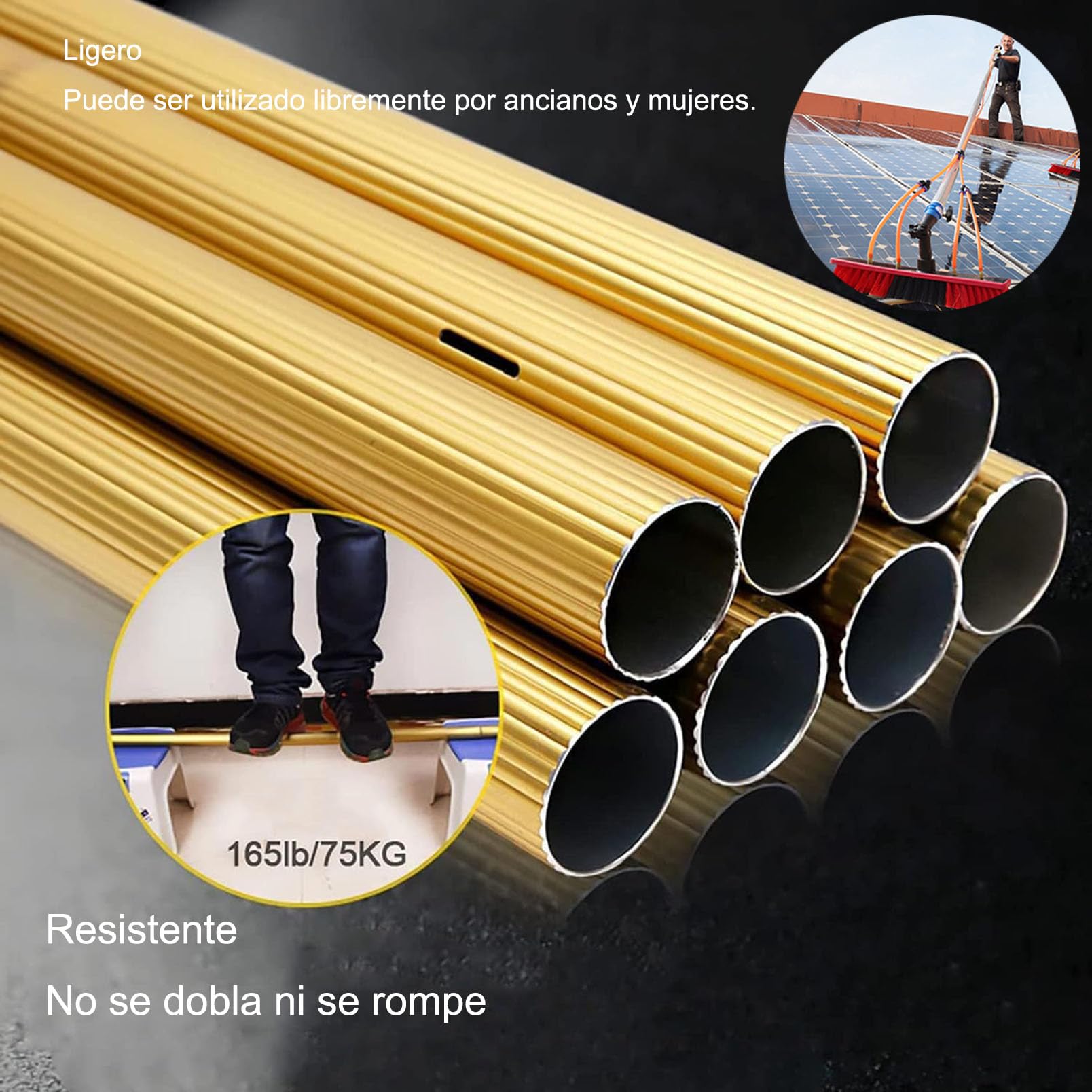 Kit Solar Limpia Cristales Telescópico de 3-15m con Dosificador de Jabón y Cabezal de Cepillo de 35/55cm Herramientas de Limpieza Exterior para Paneles Solares, Ventanas y Cartelerí