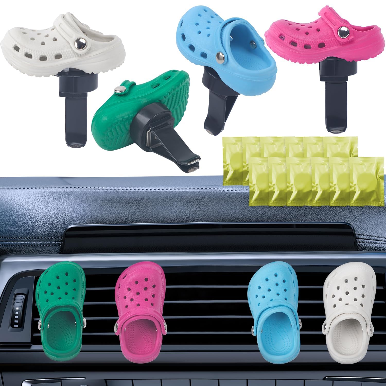 JUNIQUTE Refillable Shoes Car Air Freshener for Women, 4 PCS Fun Car Air Vent Clips Accessories Cute,Air Freshener for Car(12 PCS Fragrance Pads), Green,Rose Red, blue, white