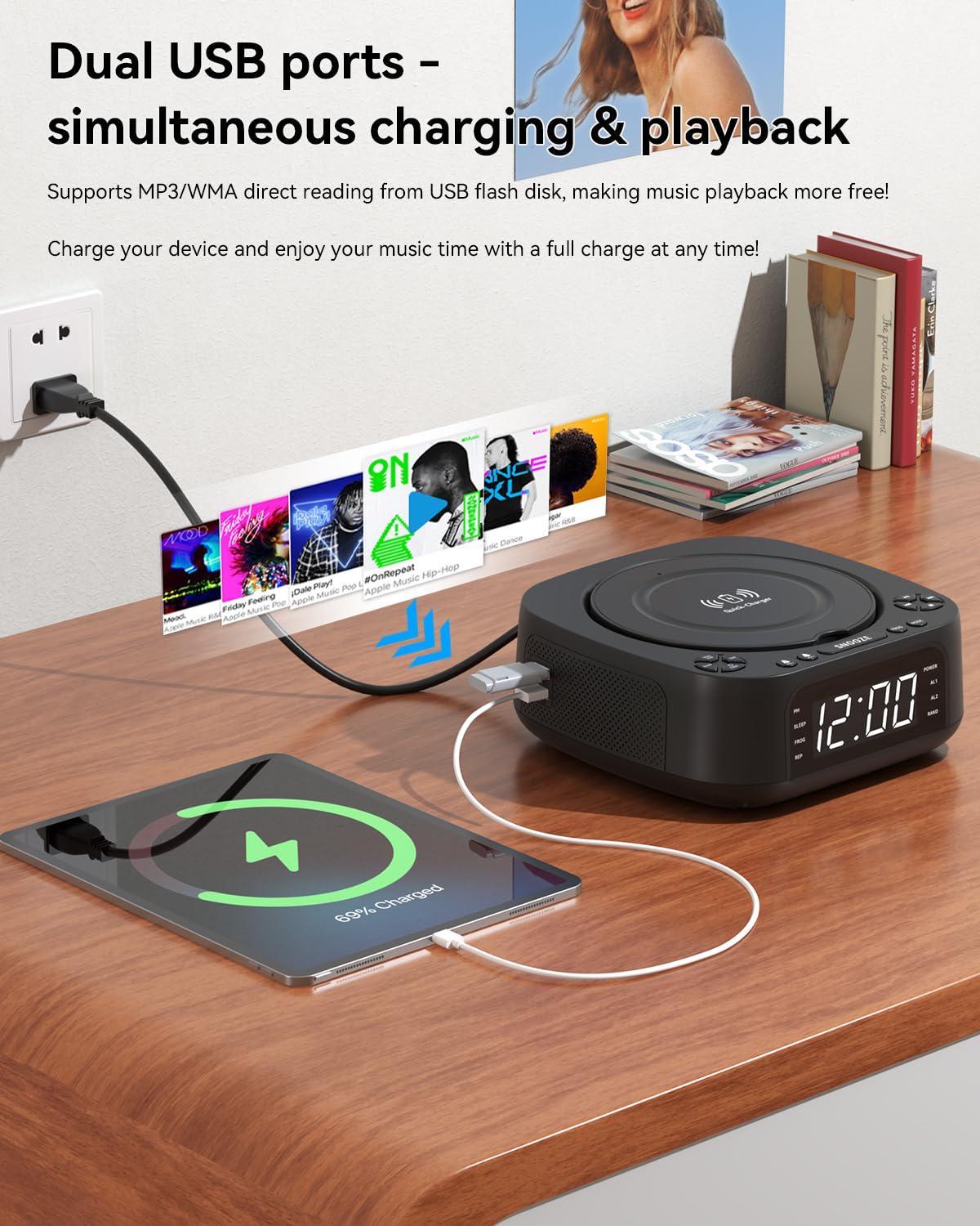 MONODEAL CD Player Tragbar mit Wireless Charger für Telefon, Tragbarer CD Player Bluetooth und FM Radio Für Zuhause, Fernbedienung,Groß Display, Wecker, SleepTimer