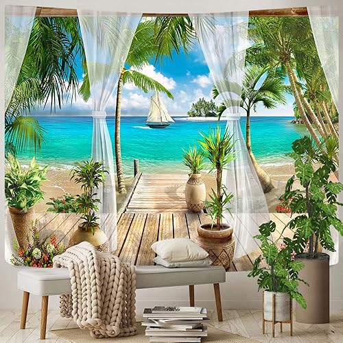 Miniatura 3 de Tapiz de playa oceánica, palmera de coco natural, jardín, paisaje, ventana, tapices para colgar en la pared para dormitorio, decoración de