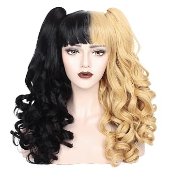 WeKen Long Curly Cosplay Wig with Pigtails Lolita Detachable Ponytail Wig Halloween Costume Party Black and Blonde