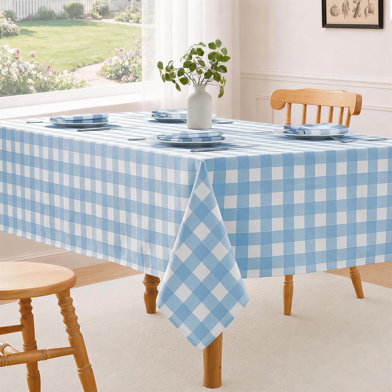 Checkered Tablecloth Rectangle Waterproof Gingham Table Cloth Washable Buffalo Plaid Table Cover Wrinkle Free for Kitchen, Dining and Outdoor Picnic, 52 x 70 Inch, Light Blue and White