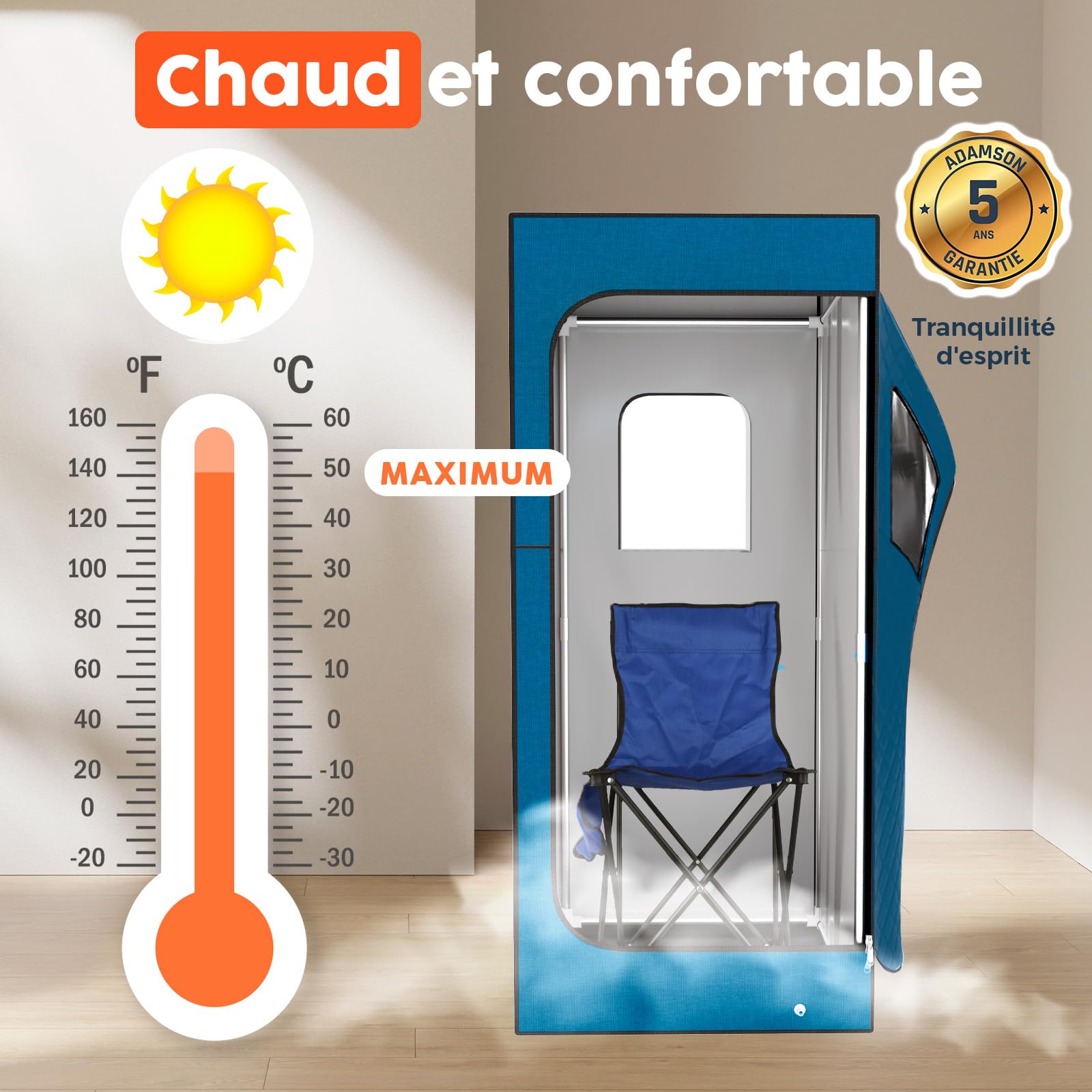 Adamson Sauna Portable - Tente pour Spa + Sauna Vapeur 2.6L 1000W + Chaise + Télécommande + Masseur pour les Pieds & Tapis antidérapant - Nylon Bleu