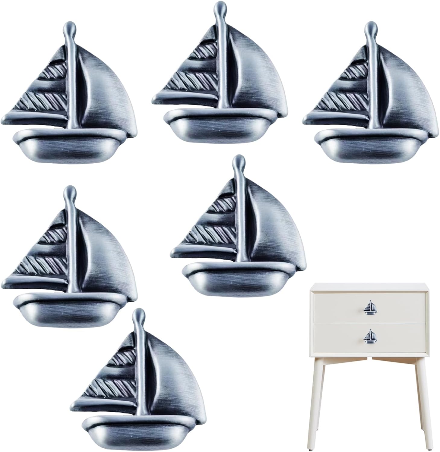 Antique Pewter Sailboat Cabinet Knobs, Single Hole Drawer Pulls for Dresser, Wardrobe, Cupboard, Closet, Kitchen & Home Decor, Decorative Hardware Handles (6 Pieces)